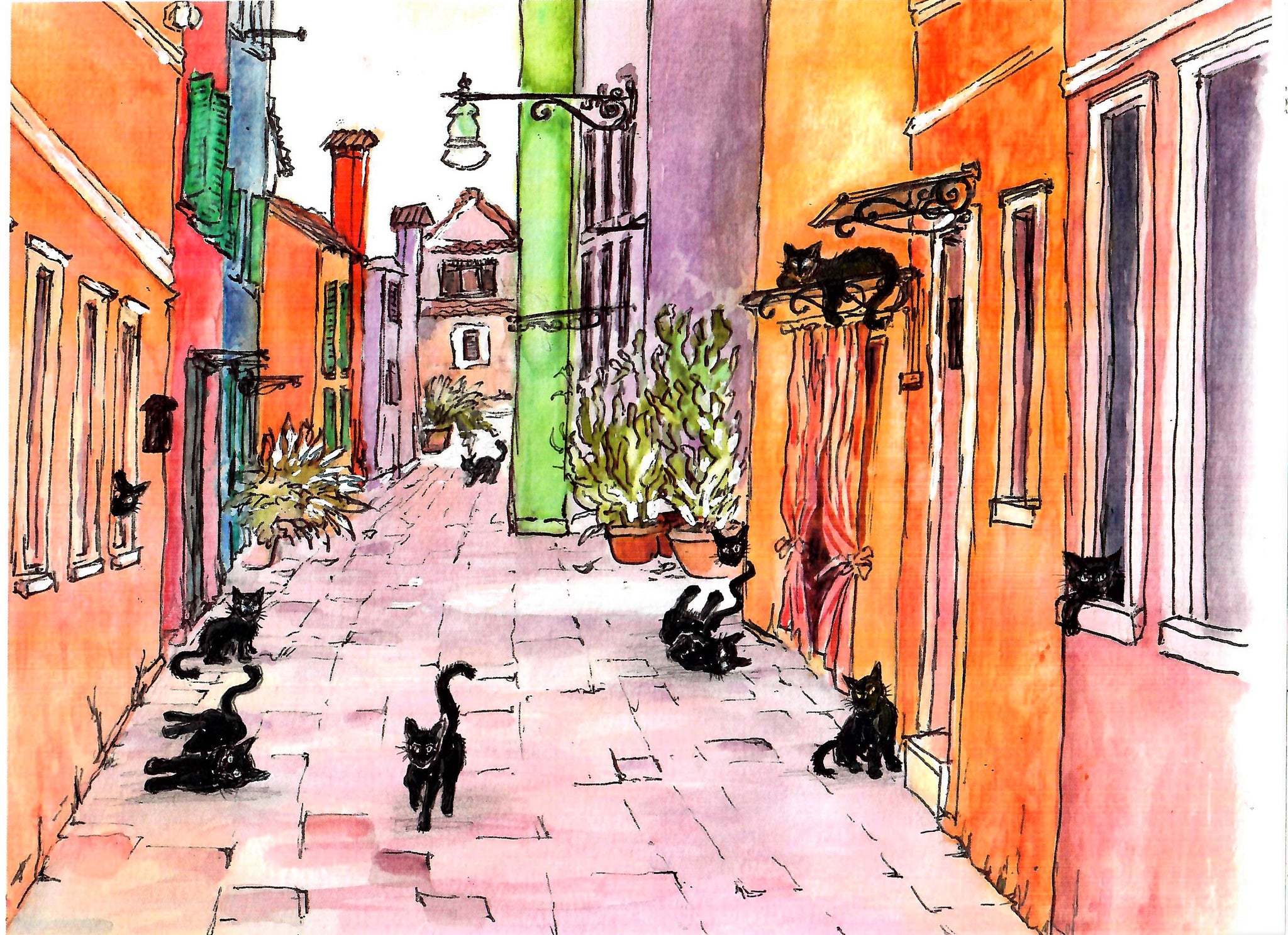 Cats Lounging In A Colorful European Cobblestone Alley