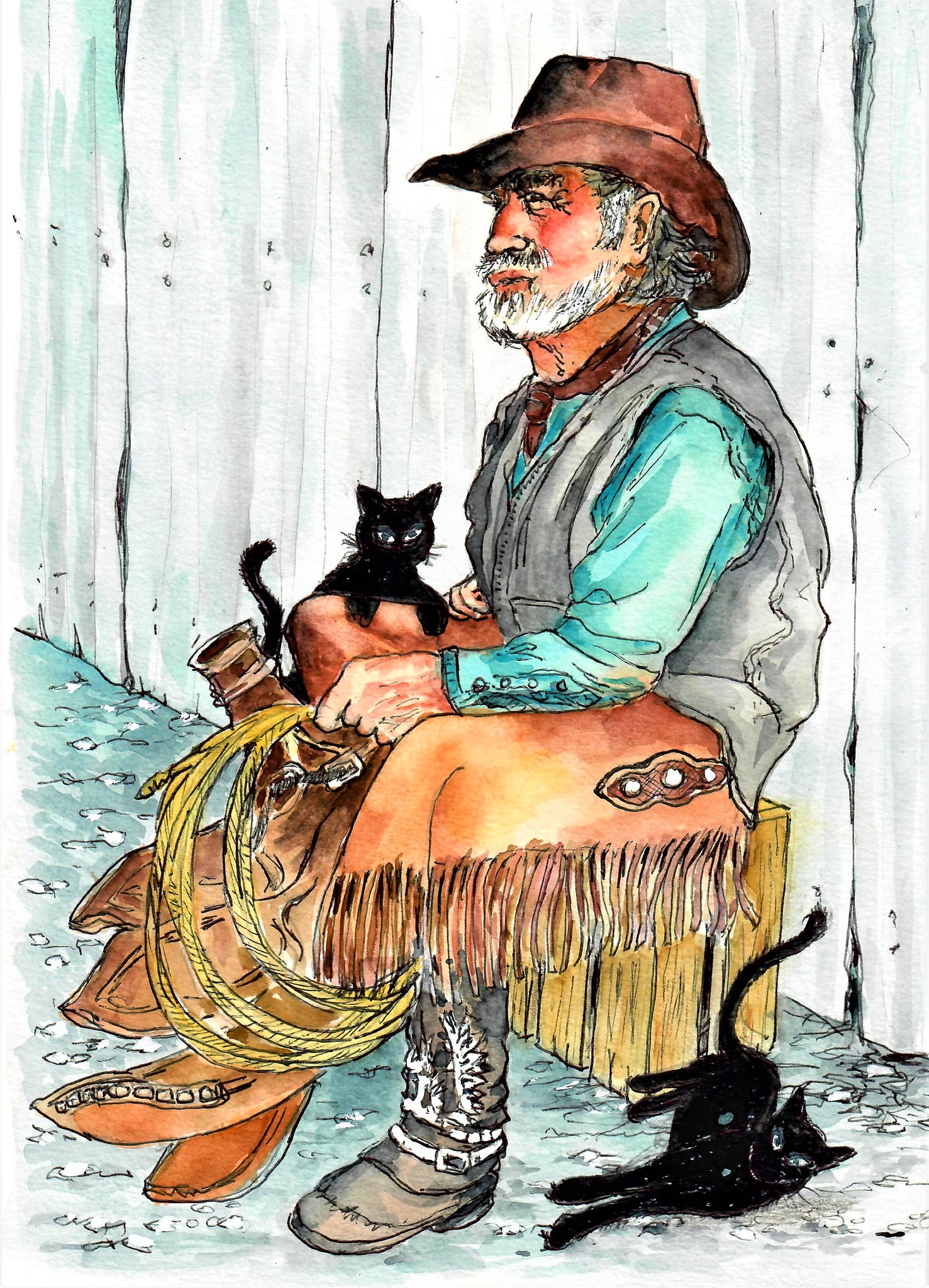 Cats And Their Old Cowboy Sitting At Rest