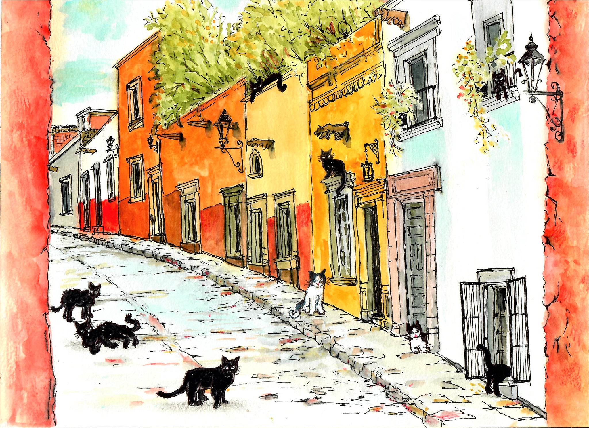 Cats In An Alley, Cats In A Colorful Hilly Stone Alley