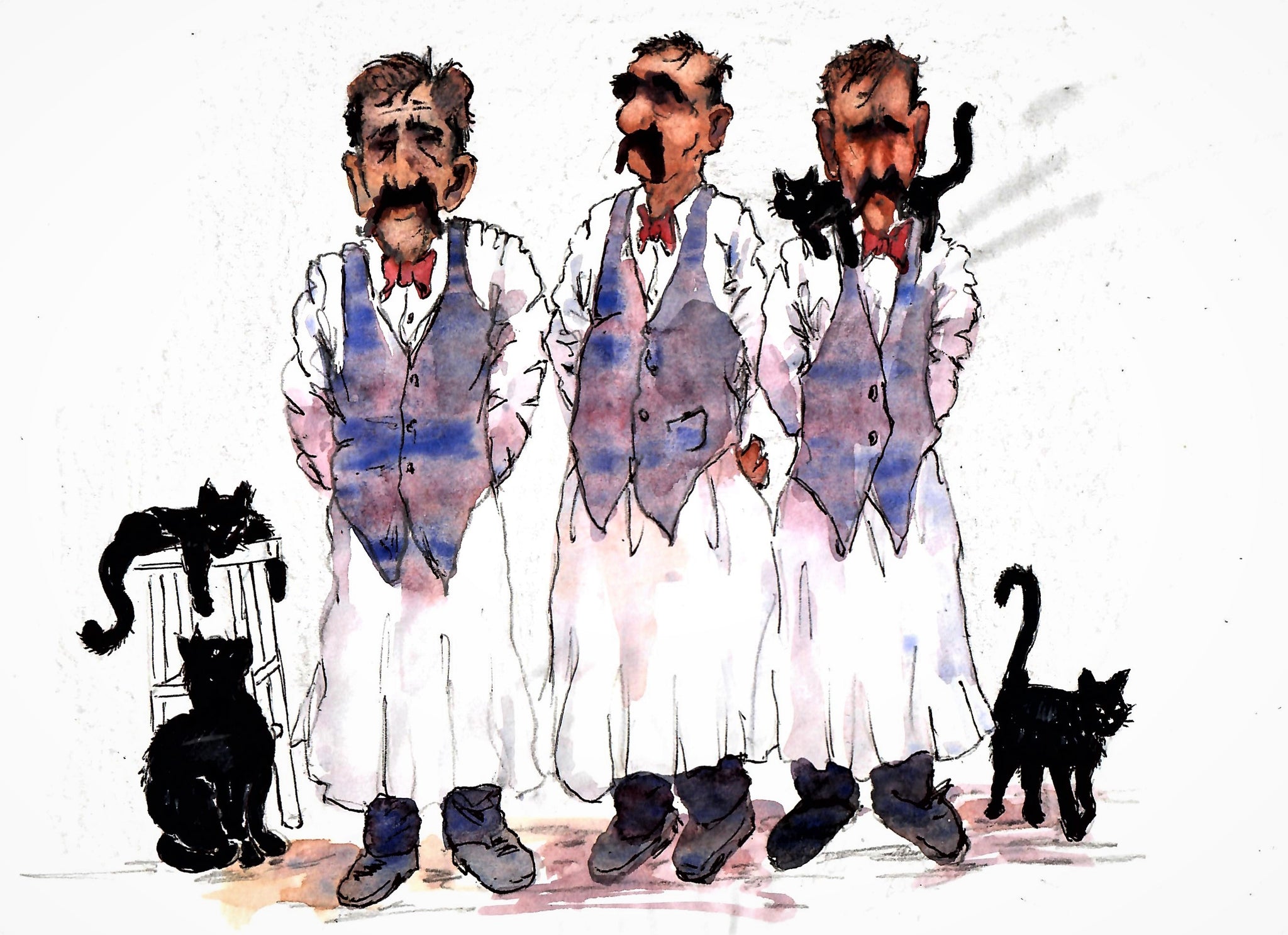 Cats And The Three Waiters In Formal Aprons And Vests That Care For Them