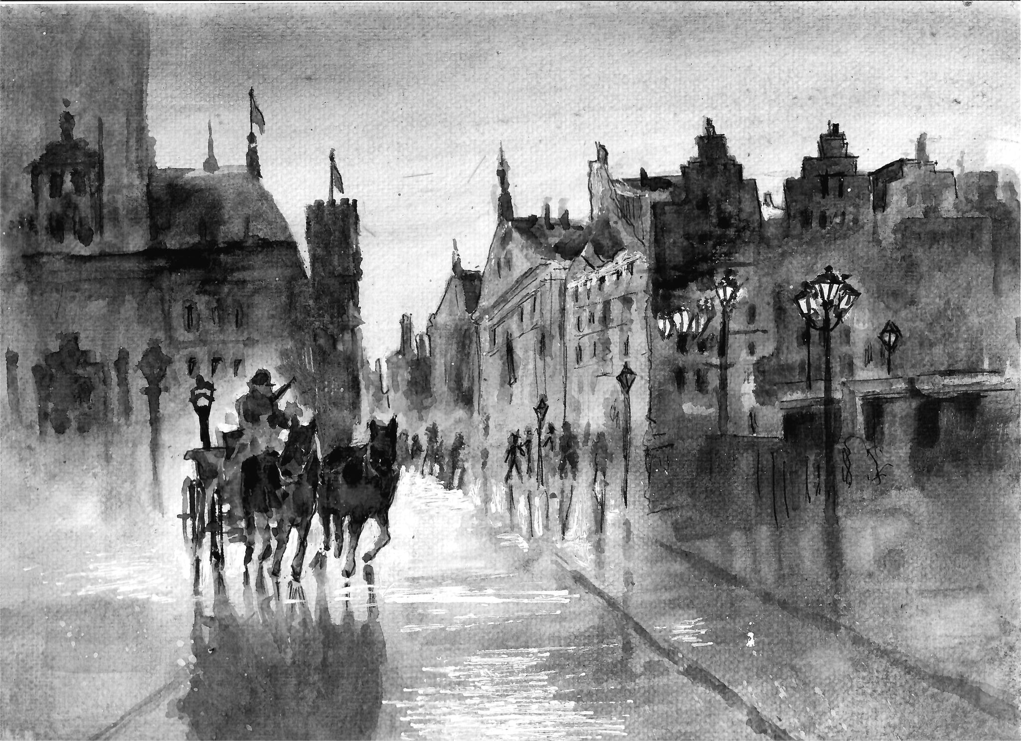 Cities - Old London Street, Old London Rain, Horse And Buggy, Black And White