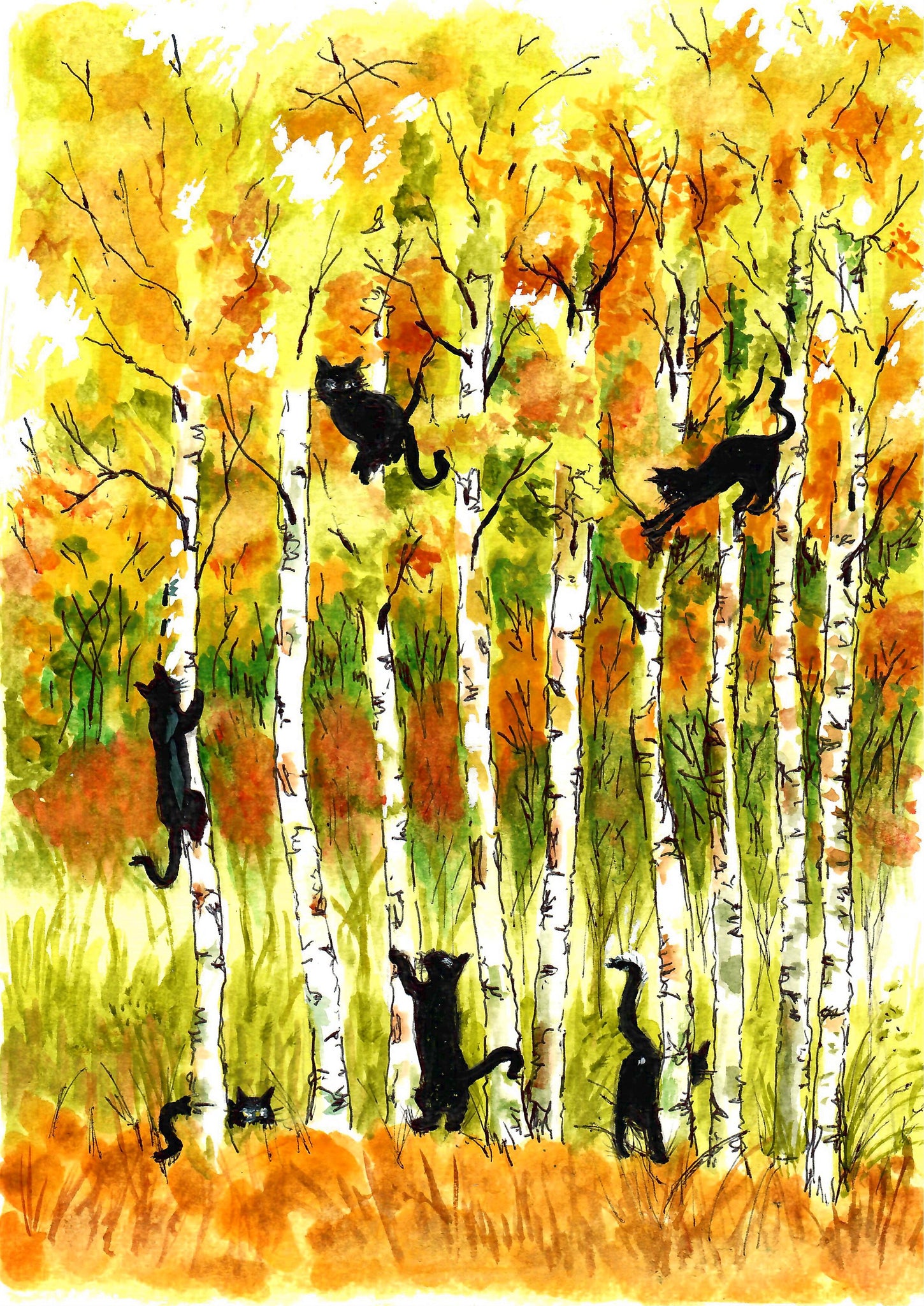 Cats In The Birch Trees, Black Cat Art Print