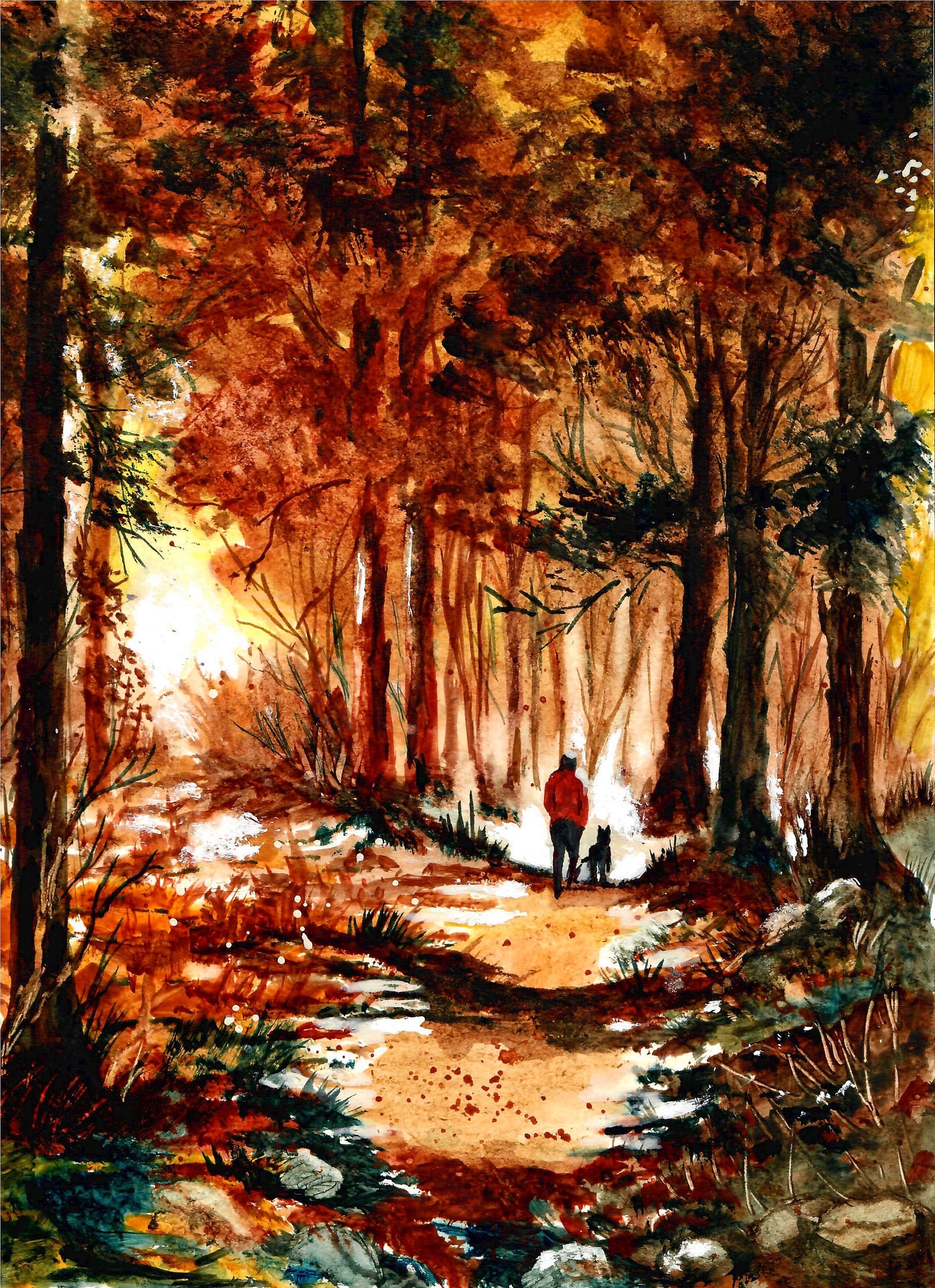 Nature - Man And Dog In Woods, Forest Art, Sunlit Woods, Forest Pathway, Landscape Art