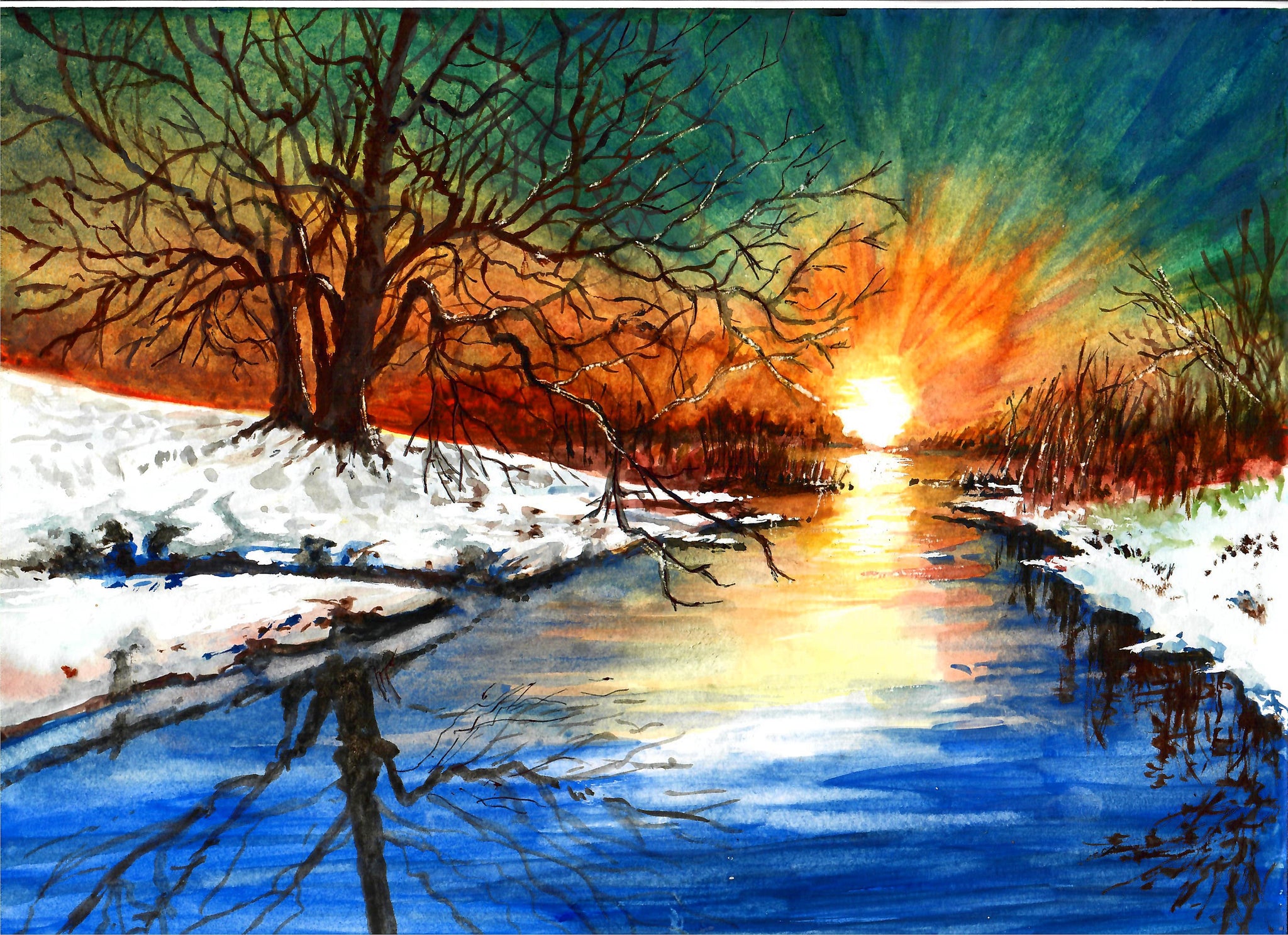 Nature - Sunset Over Snowy Creek, Sunset Art Print