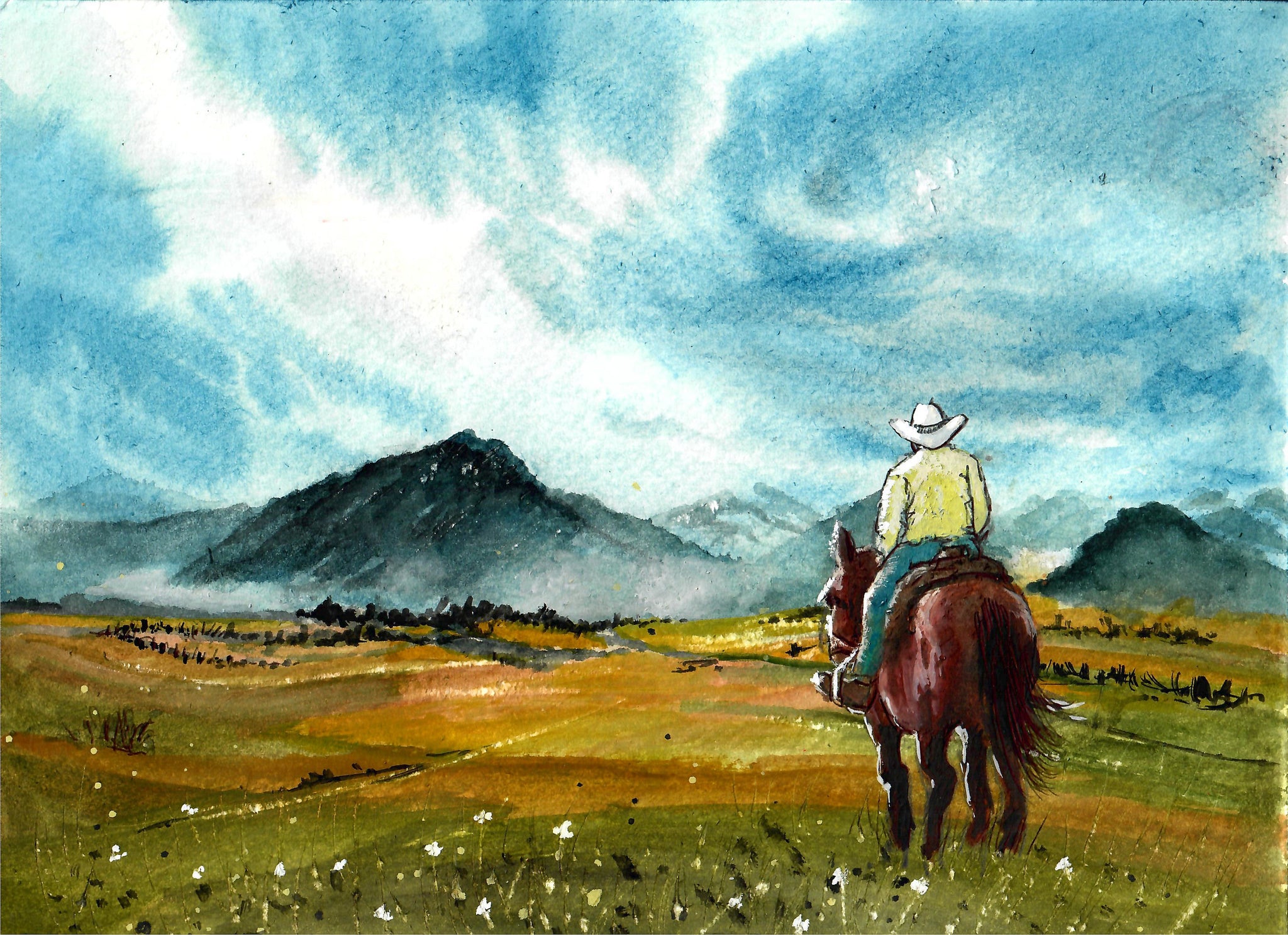 Western - Cowboy And Distant Mountains, Beautiful Mountains, Misty Mountains, Cowboy Art