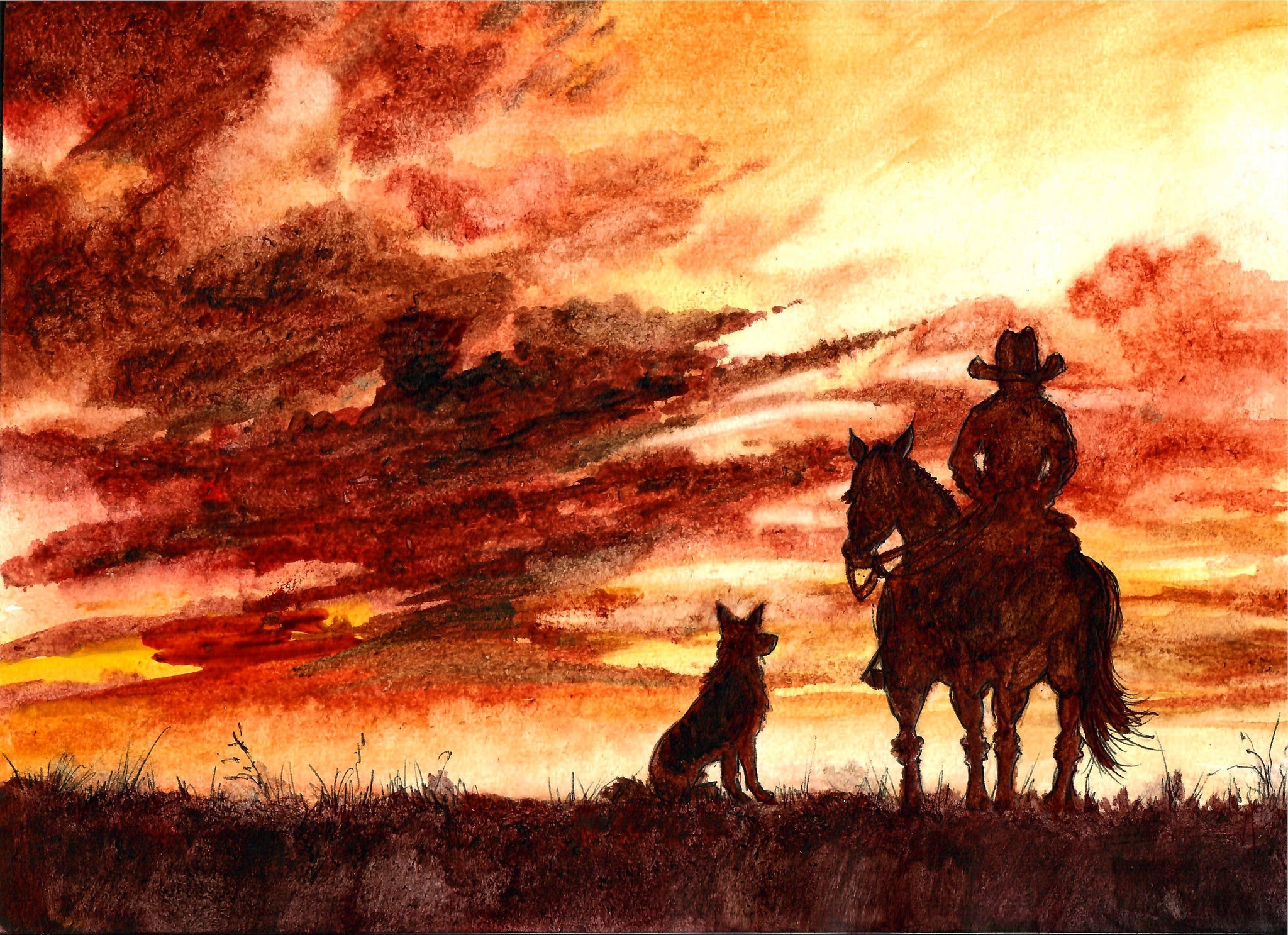 Western - Cowboy Watching A Brown Sunset, Western Art, Cowboy Art