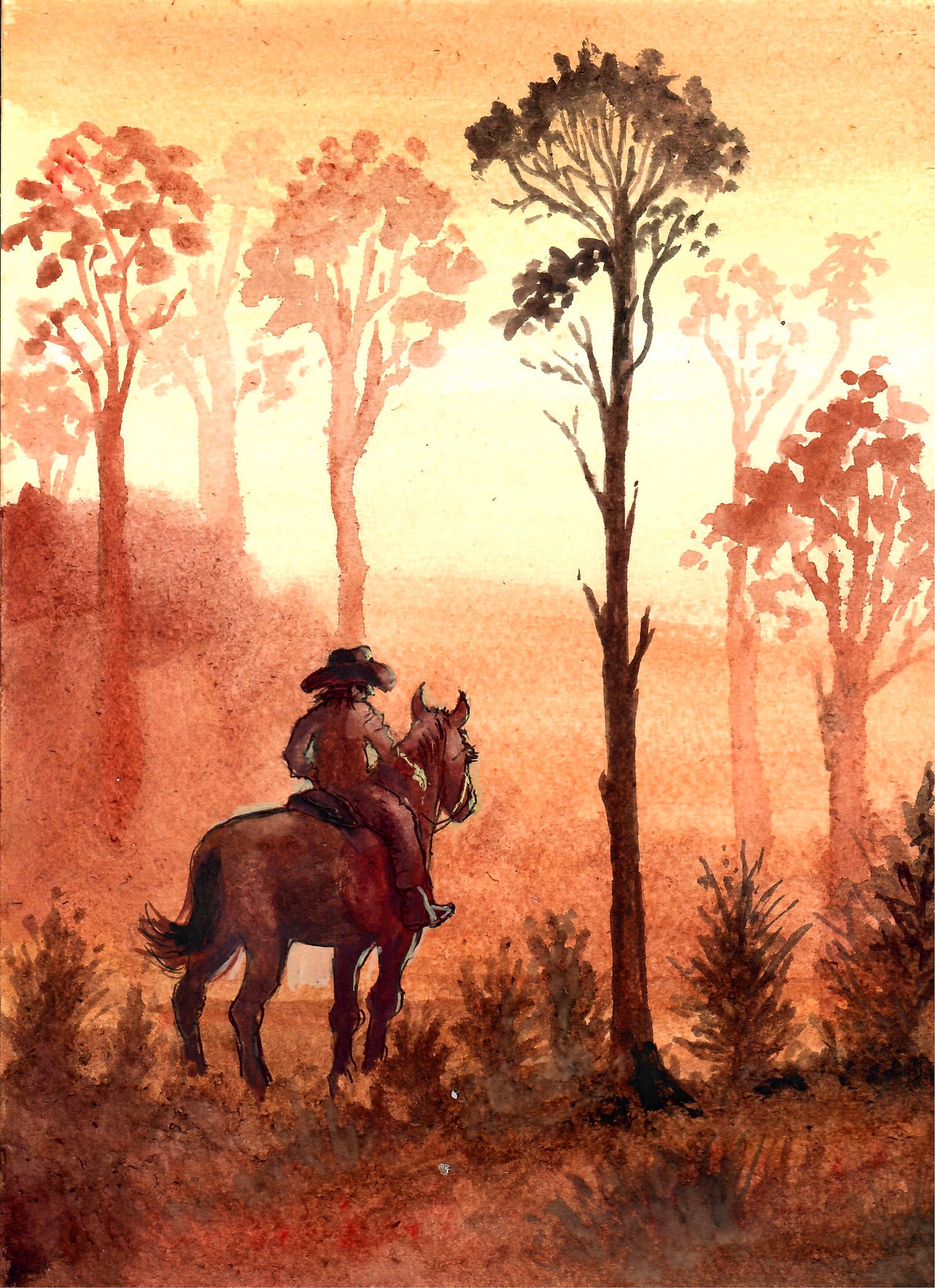 Western - Cowboy Riding Among Tall Trees, Cowboy Art, Western Art, Monotone Watercolor