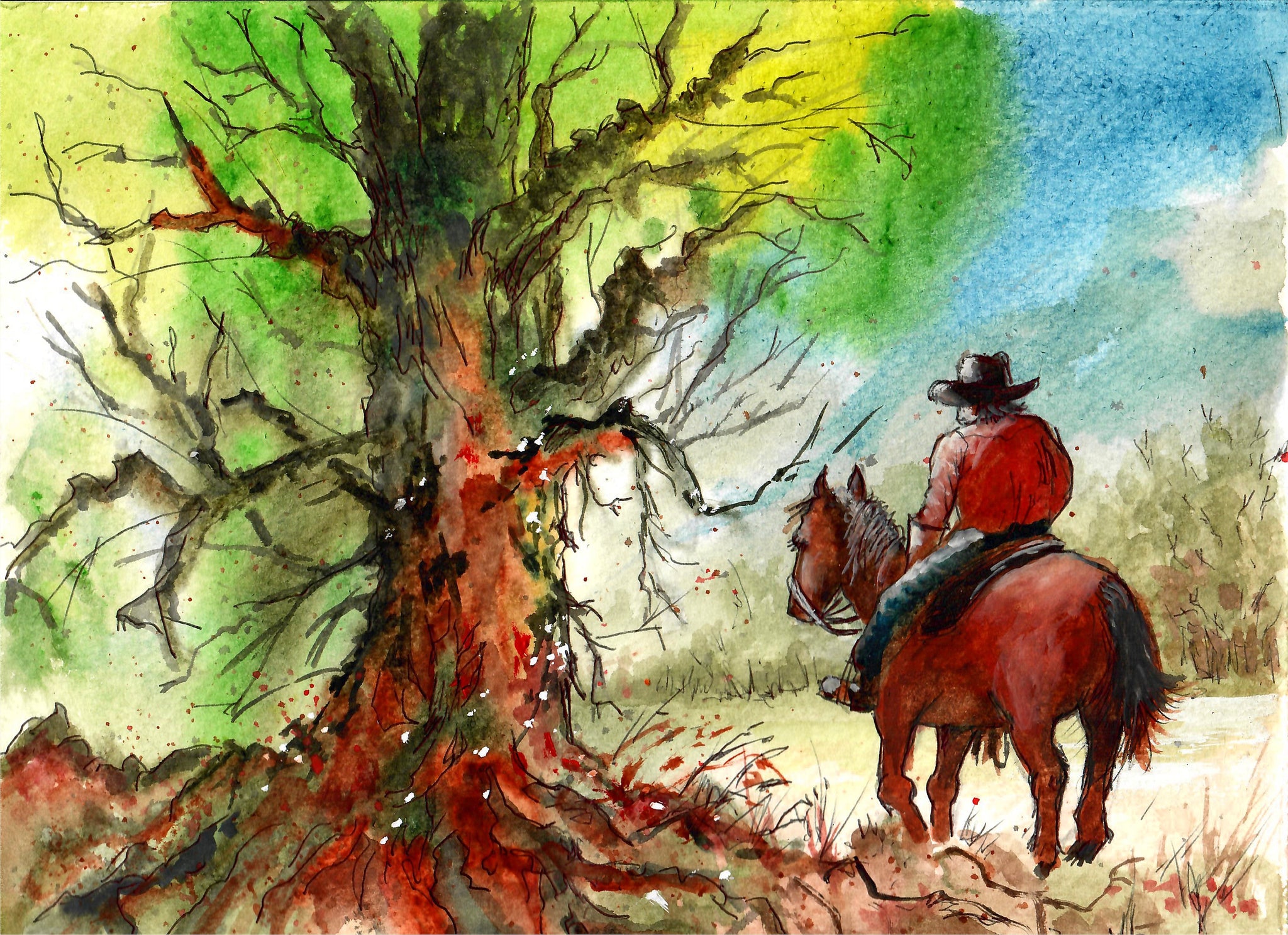 Western - Cowboy Riding Past Old Tree, Cowboy And Horse In The Country