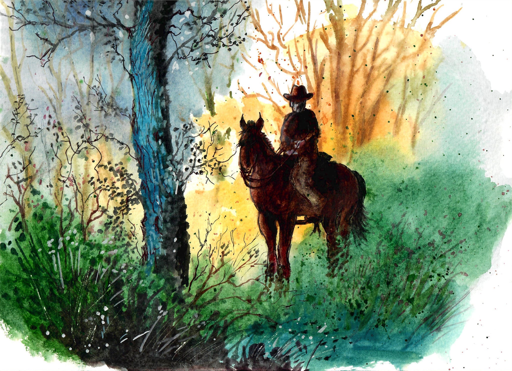 Western - Cowboy And Old Tree, Cowboy Art, Western Wall Decor, Cowboy In A Forest Art