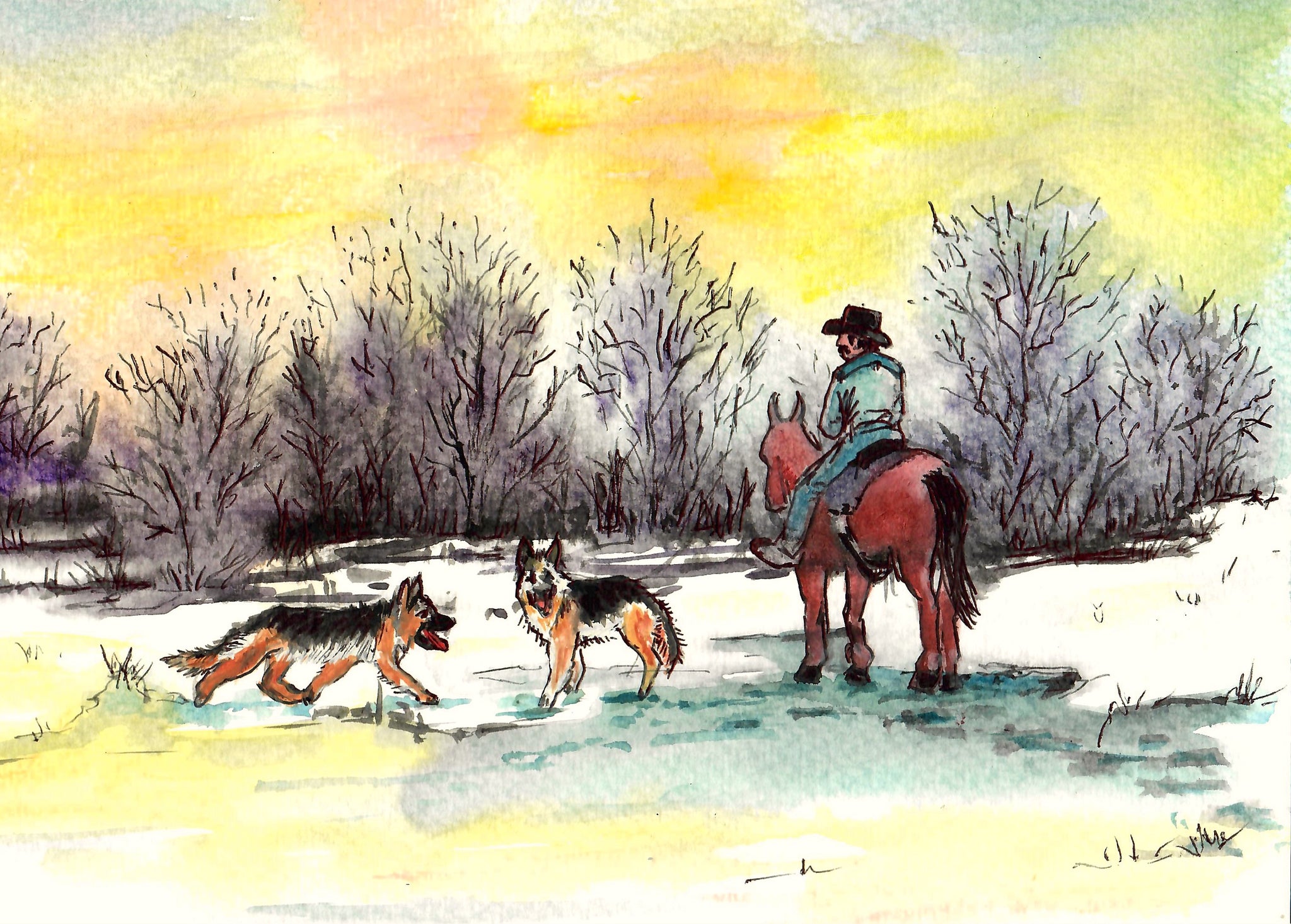 Western - Cowboy On Horse With His Dogs In Winter, Cowboy Art, Cowboy Winter Scene