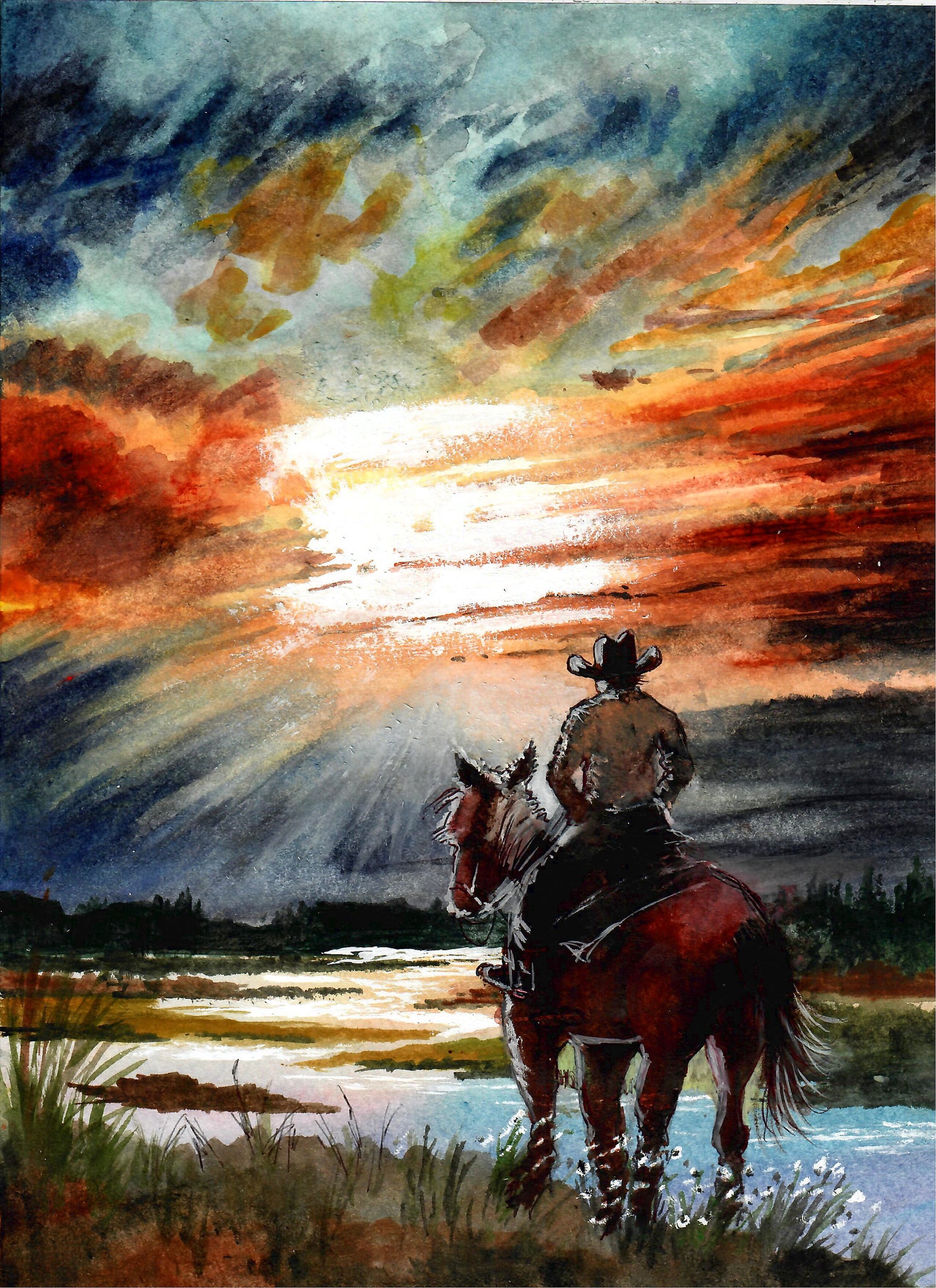 Western - Cowboy At Edge Of Swamp At Sunset, Beautiful Sky, Western Art, Cowboy Art