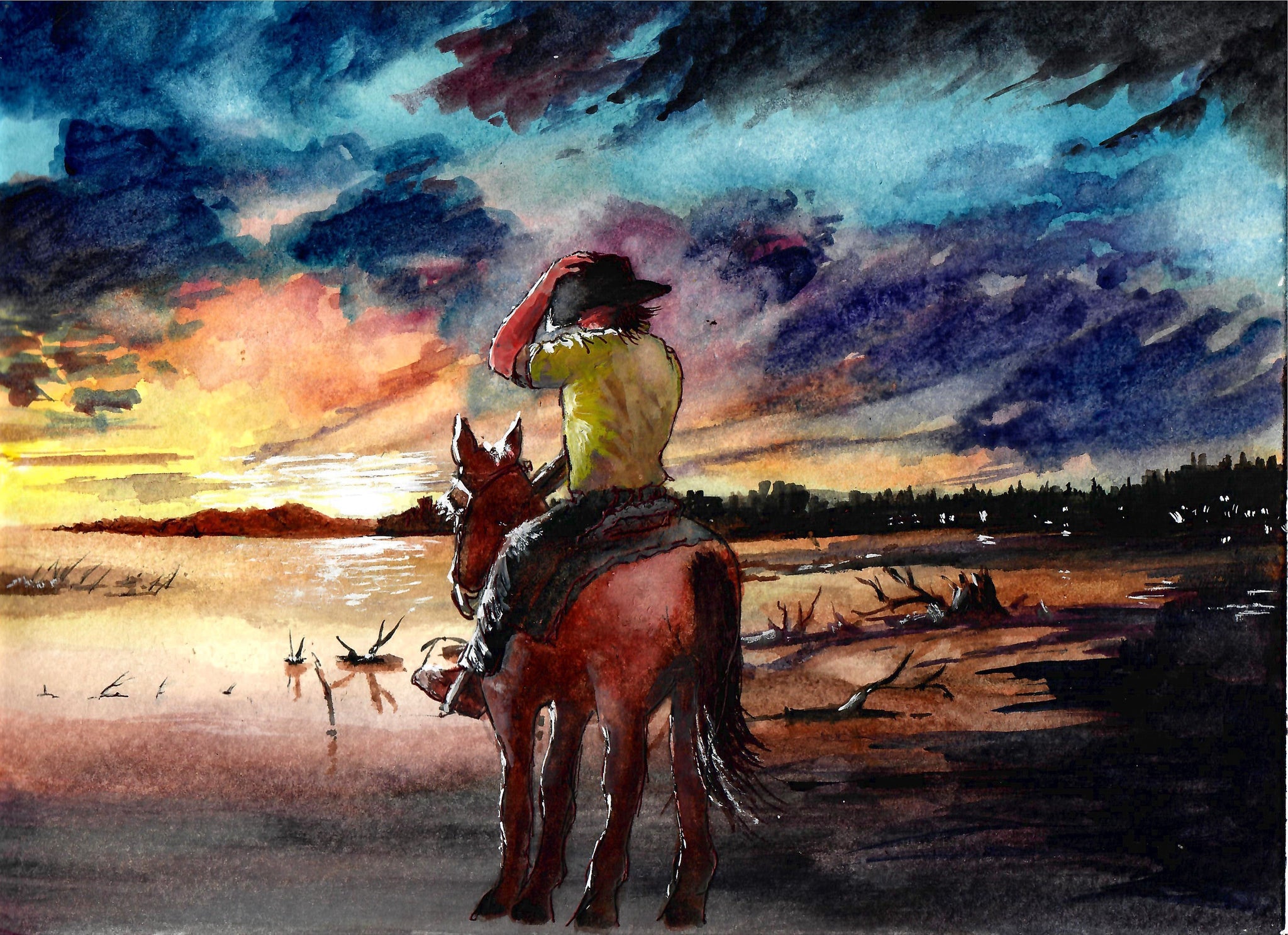 Western - Cowboy On A Lake At Sunset, Sunset Art Print, Cowboy Art Print, Beautiful Sky