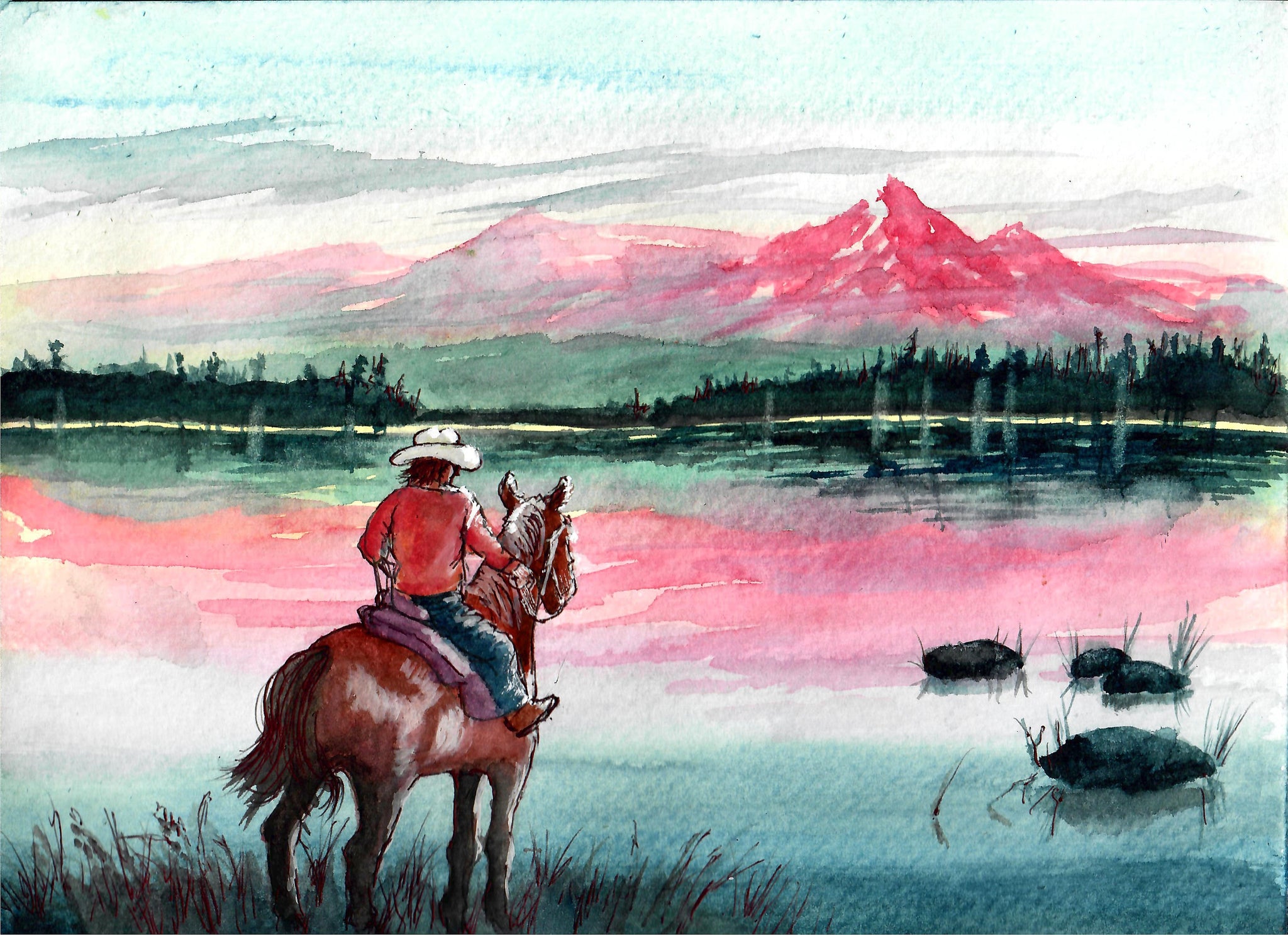 Western - Cowboy Near Pink Mountains, Cowboy Art Print, Mountain Art Print, Western Art