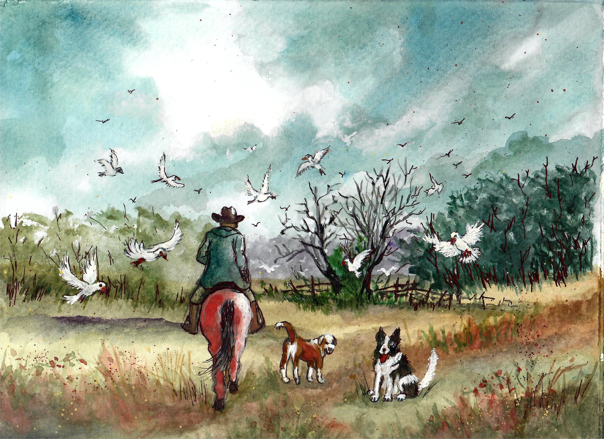 Western - Cowboy, Horse, Dogs And White Birds In Autumn, Cowboy Art Print, Cowboy Wall Decor