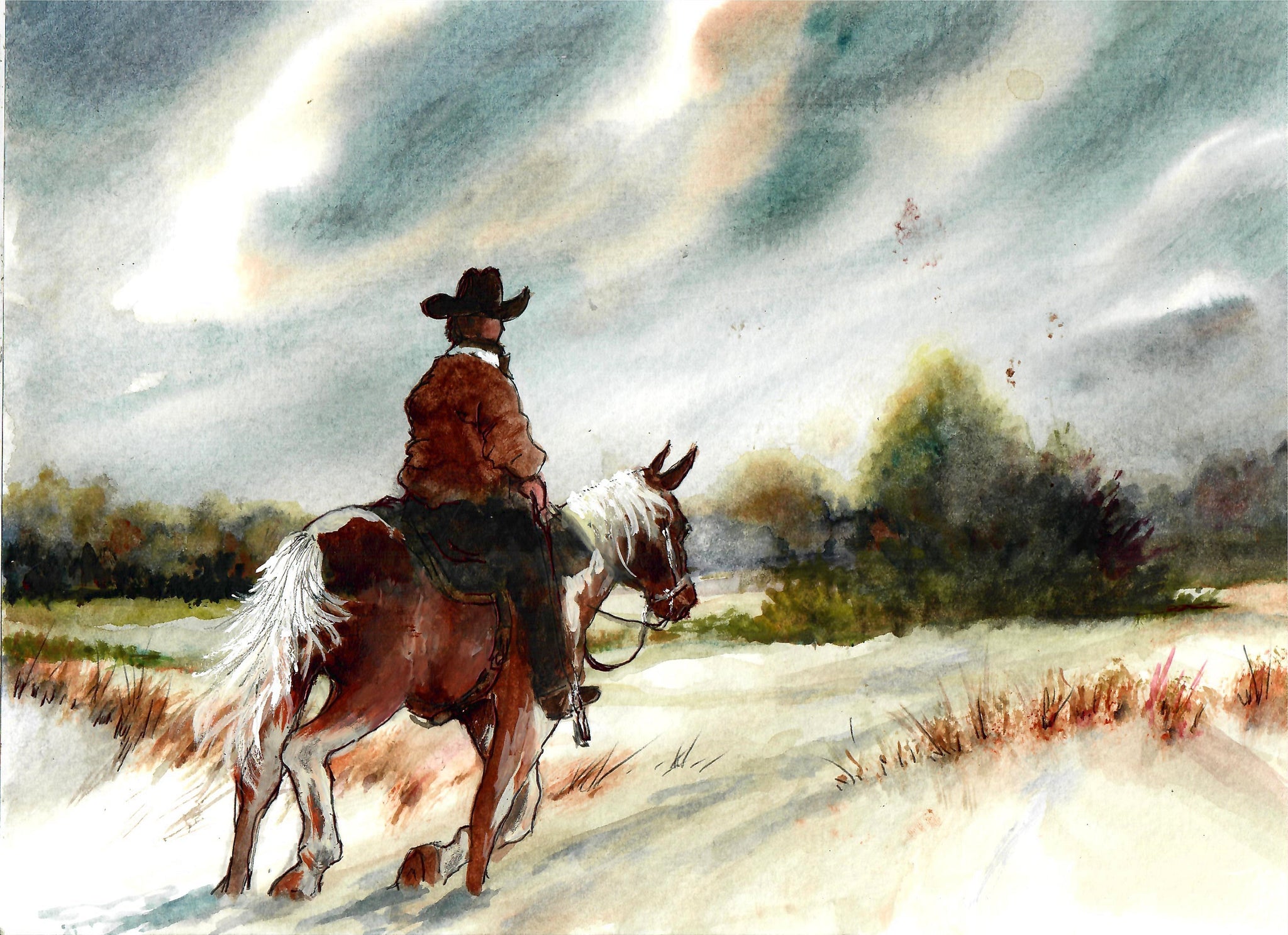 Western - Cowboy Riding Through A Snowy Field, Cowboy Art Print, Winter Western Scene