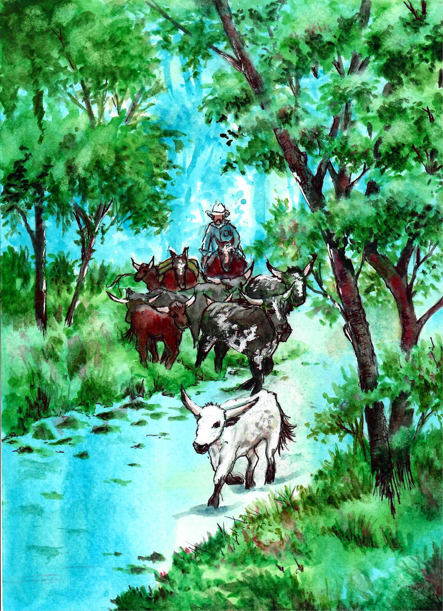 Western - Cowboy Herding Longhorn Cattle In A Forest, Cowboy Art Print, Cowboy Wall Decor