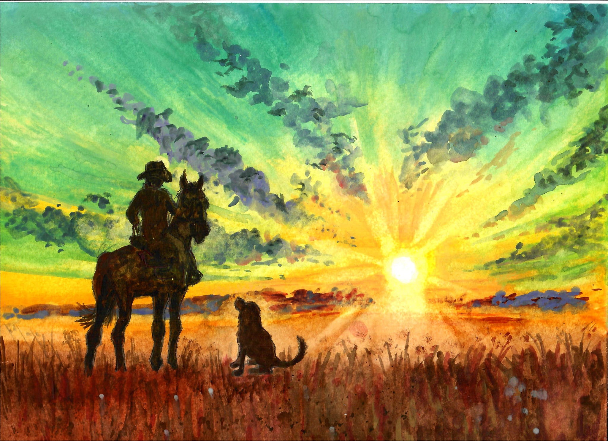 Western - Cowboy Horse Dog And Sunset, Cowboy Art Print, Sunset Art Print