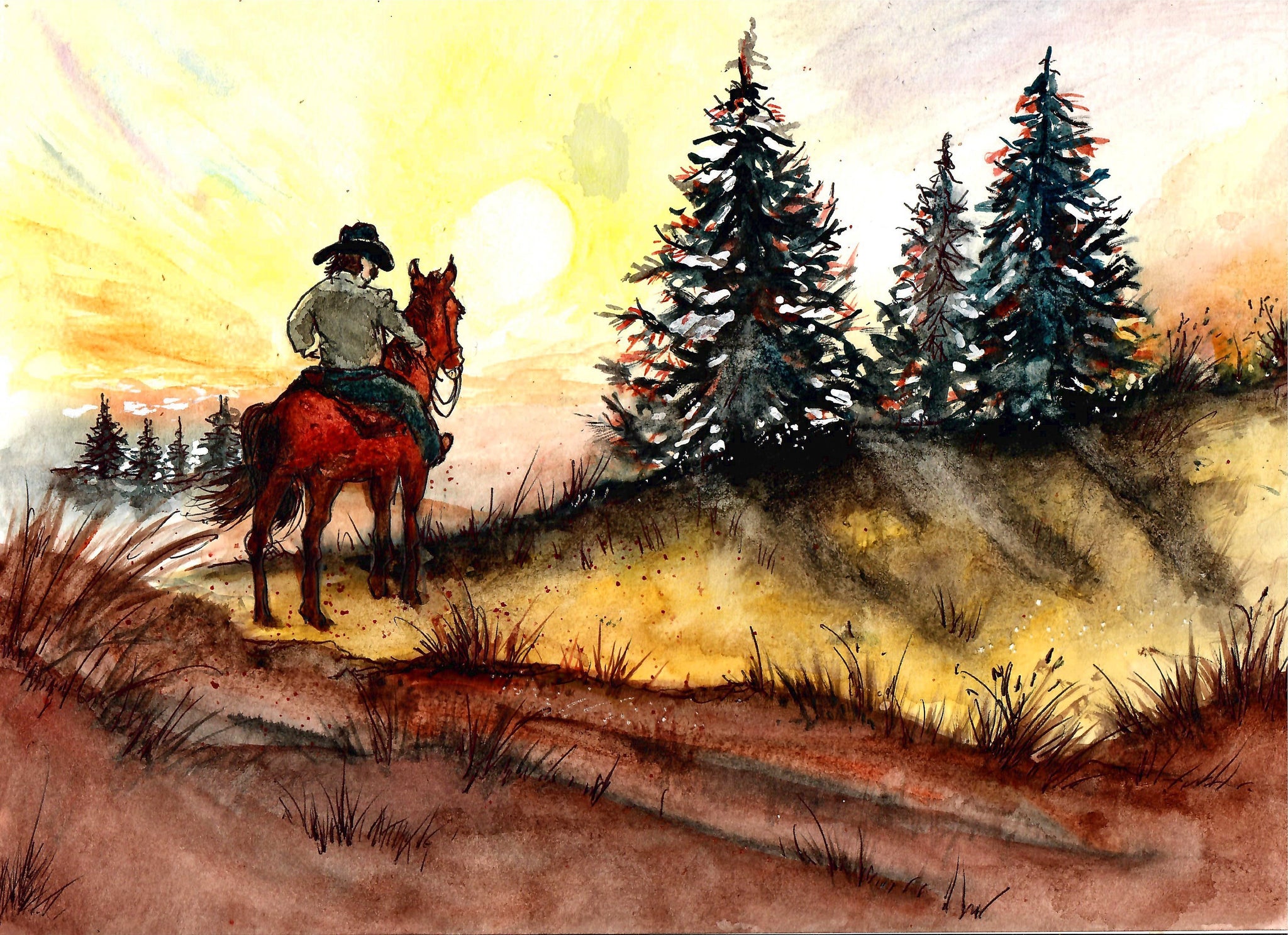 Western - Cowboy Looking At The Sun Over The Hill, Cowboy Riding In The Trees
