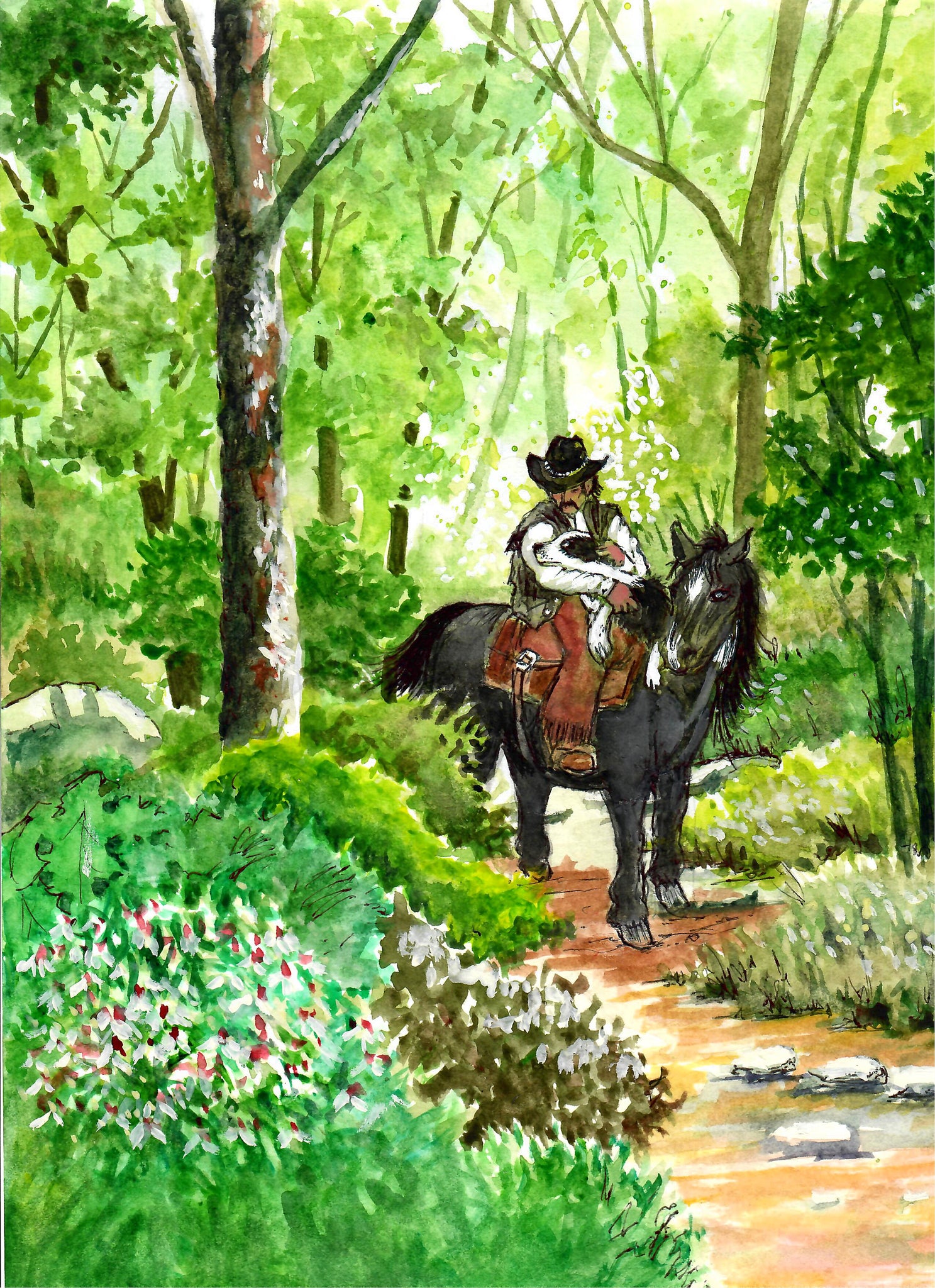 Western - Cowboy Petting Dog On Horse In The Beautiful Forest