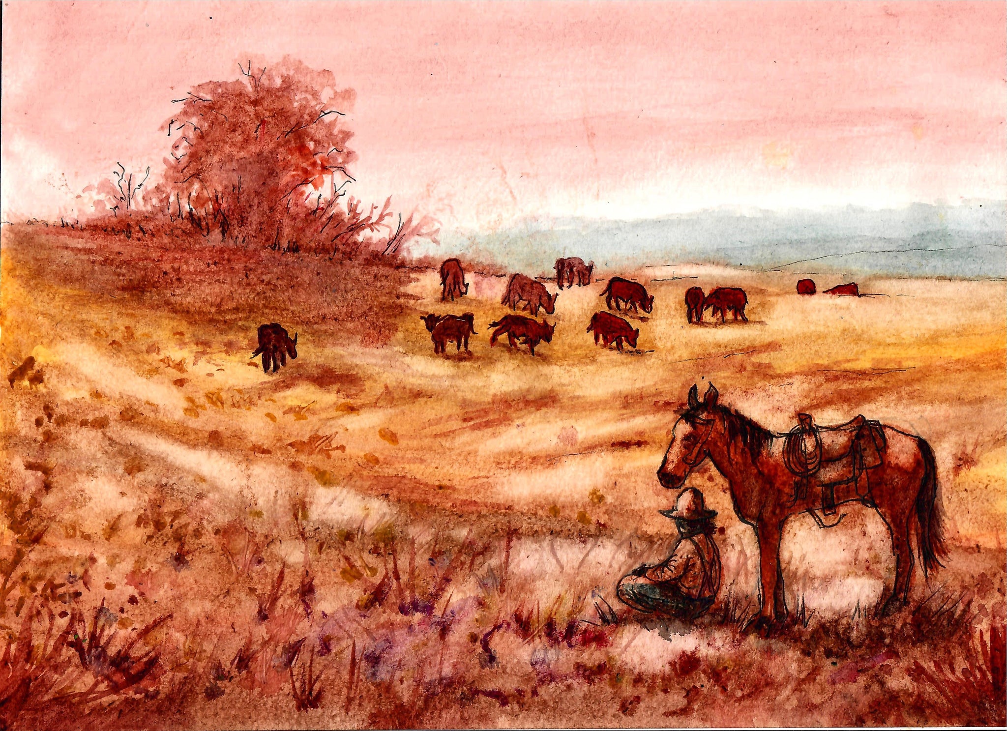 Western - Cowboy Sitting Watching His Cattle, Cowboy Art, Western Art