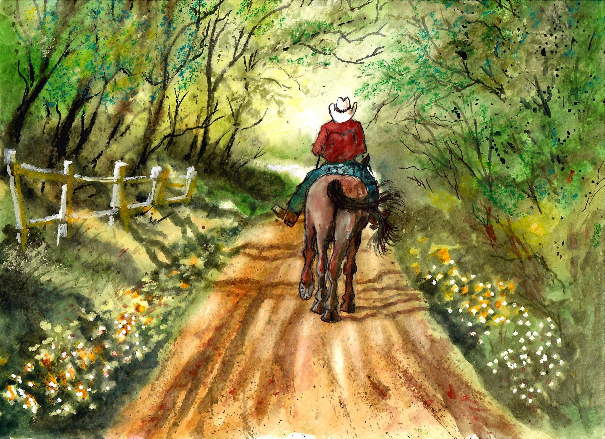 Western - Cowboy Riding On A Country Lane, Western Art, Cowboy Art