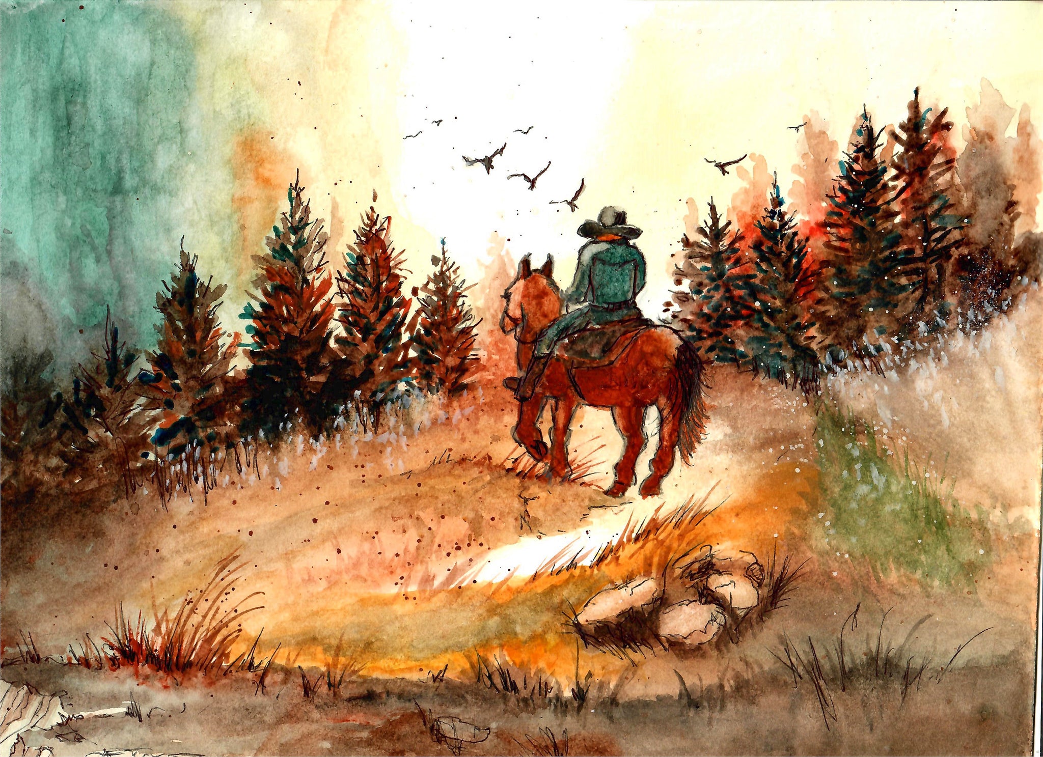 Western - Cowboy Riding Over The Hil, Cowboy Art, Western Art,Cowboy Art Print
