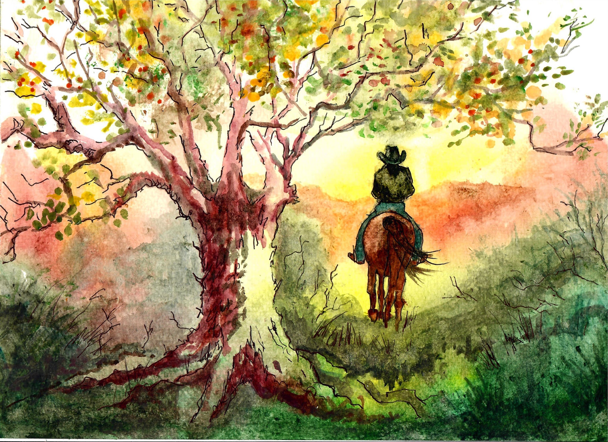Western - Cowboy Riding Over A Colorful Hill, Cowboy Art Print, Western Art Print