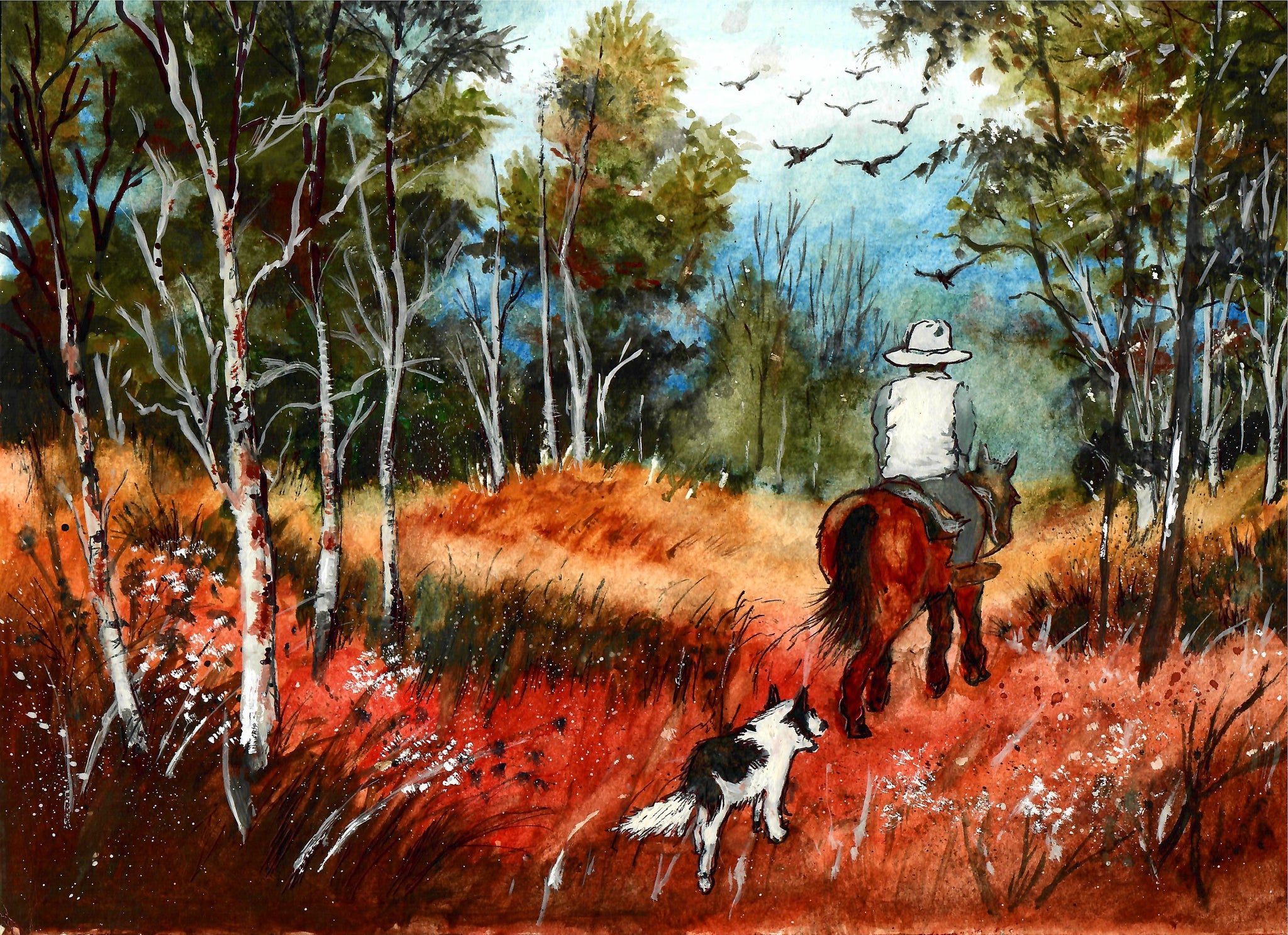 Western - Cowboy Riding Through Birch Trees, Cowboy Art Print