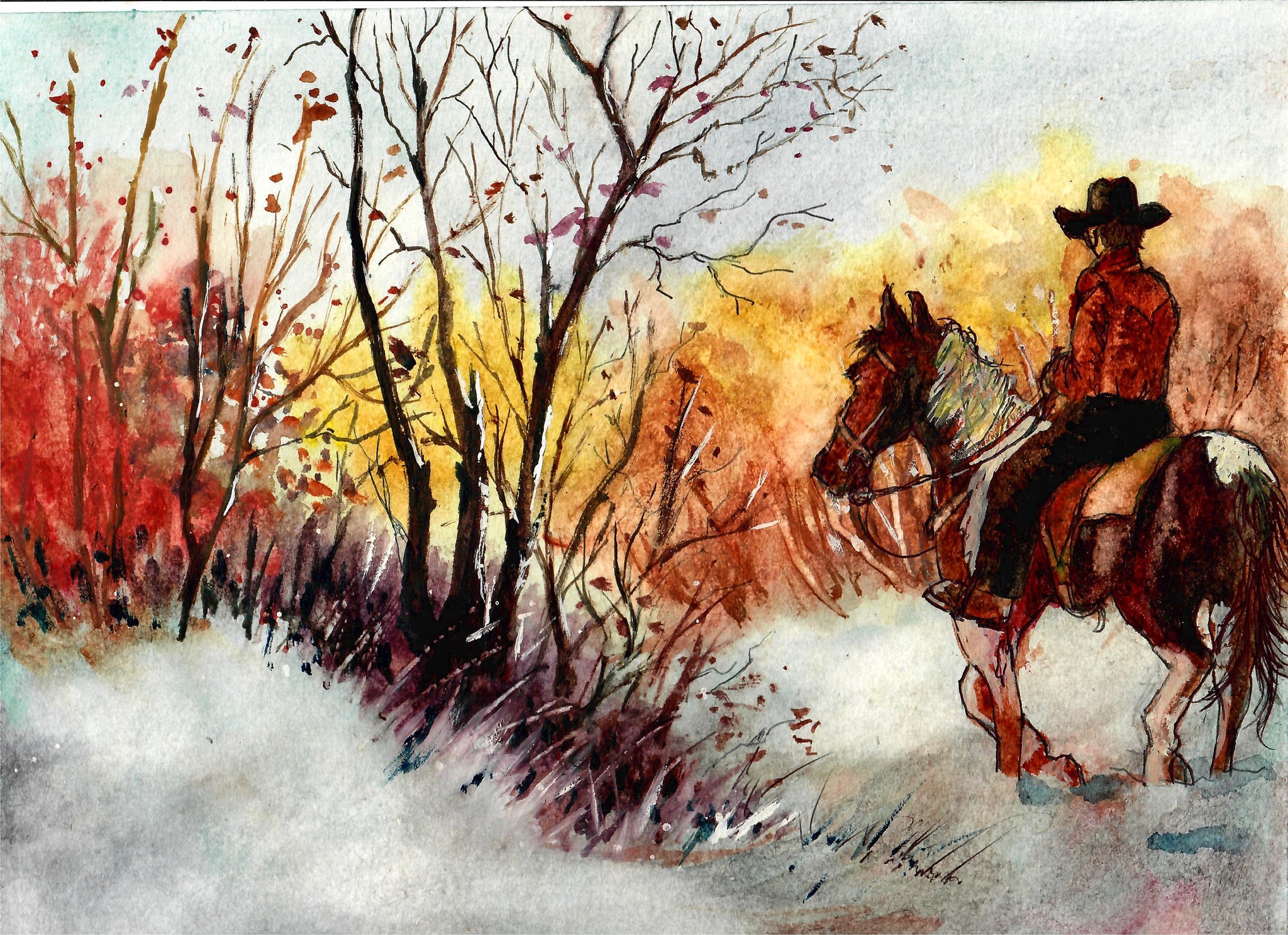 Western - Cowboy Riding In A Snowy Field, Cowboy Art, Western Wall Decor, Winter Western
