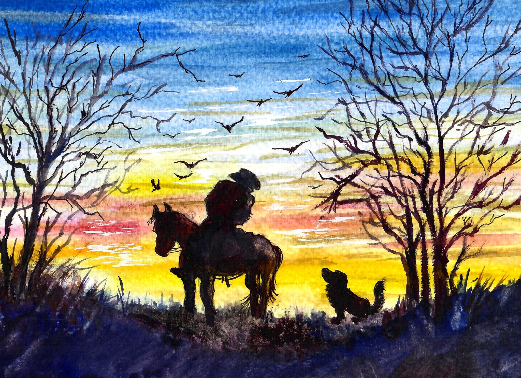 Western - Cowboy Talking To His Dog, Sunset Art Print