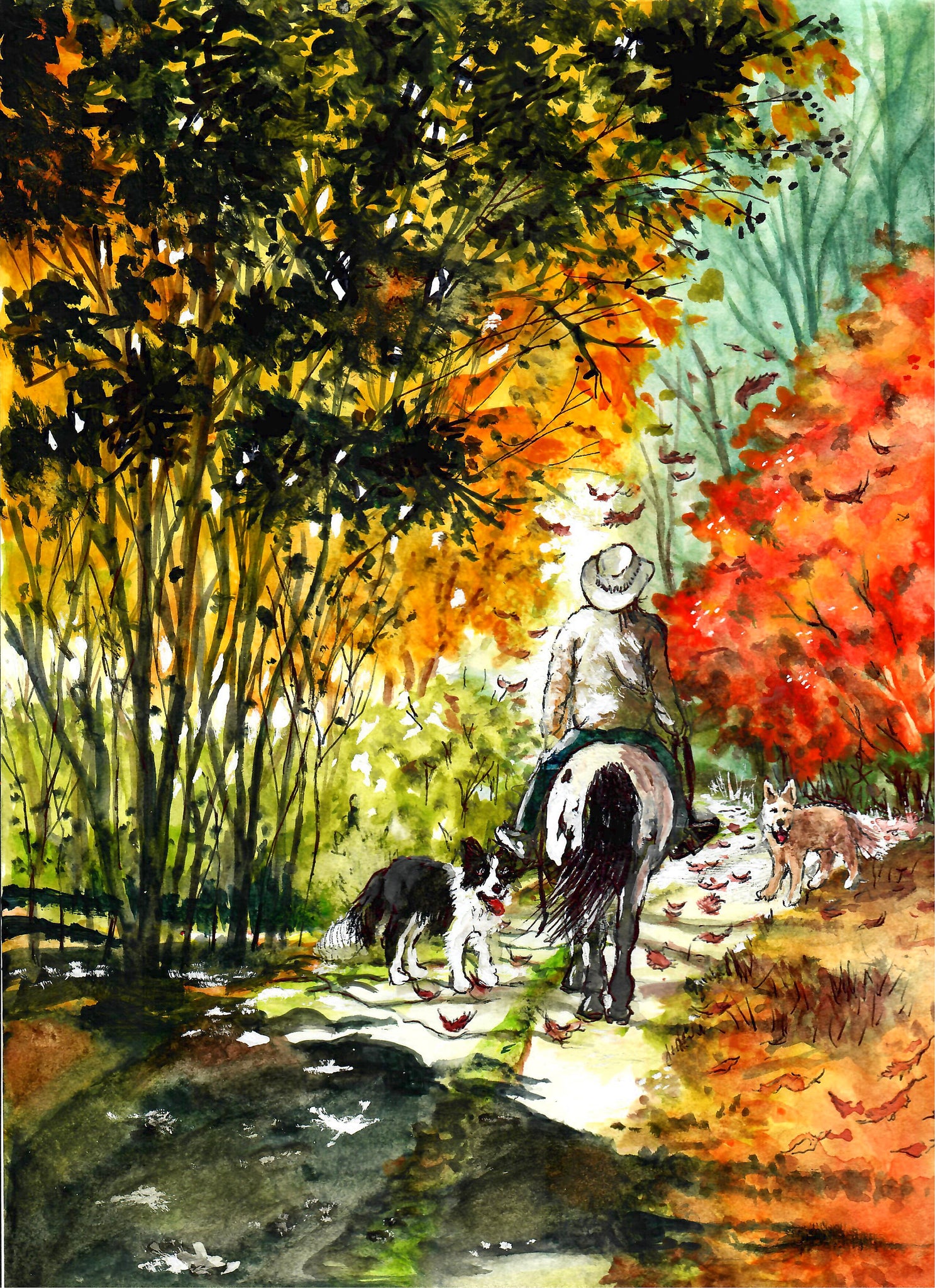 Western - Cowboy Dogs And Horse Riding Down An Autumn Road, Western Art Print, Cowboy Art