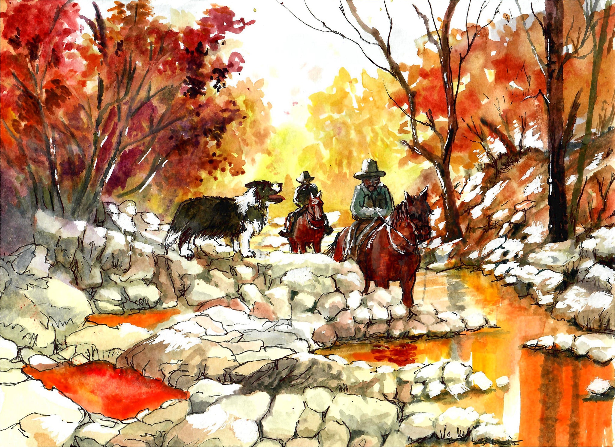Western - Cowboys Riding Down Stoney Creek, Cowboy Art Print, Cowboys And Dog
