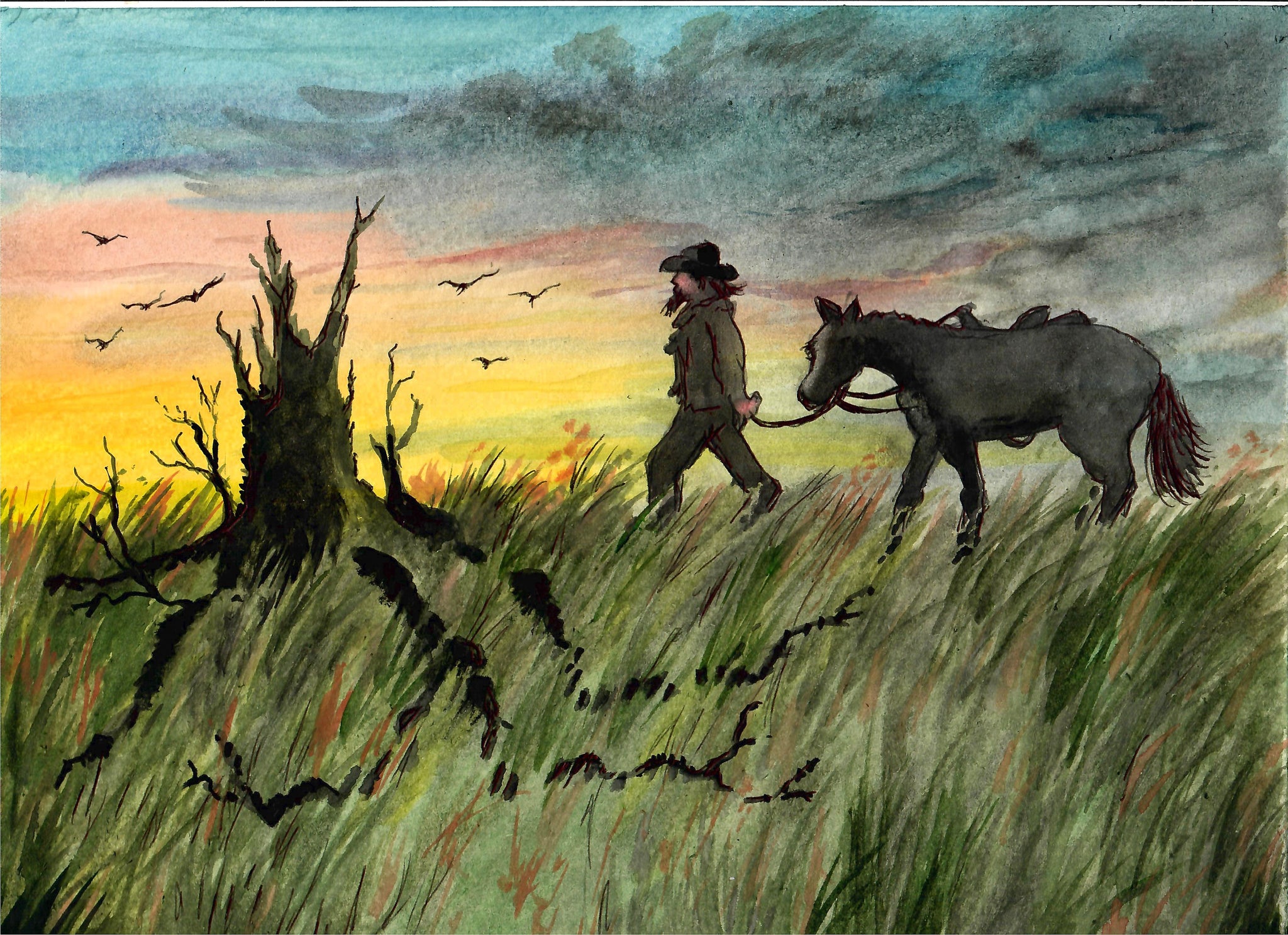 Western - Cowboy Walking His Horse Past Old Stump, Cowboy Art Print, Western Wall Decor