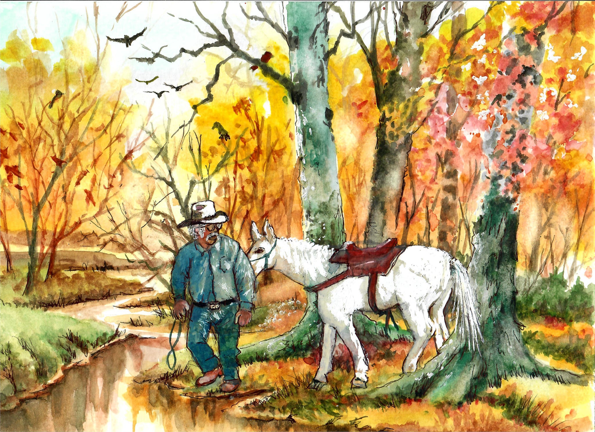 Western - Cowboy Walking White Horse In Forest, Western Art, Cowboy Art, Cowboy And Horse