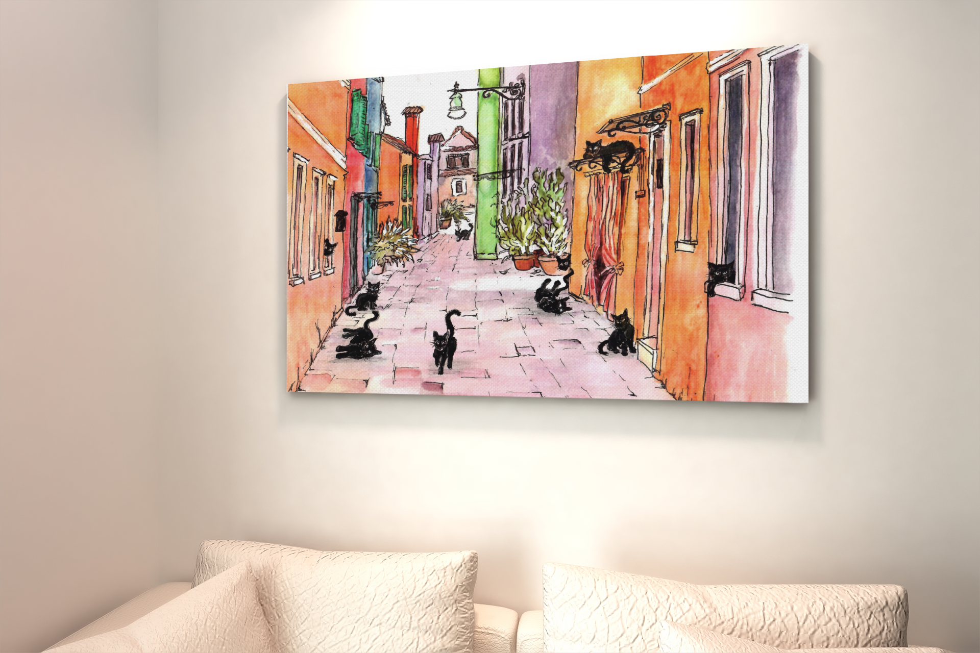 Cats Lounging In A Colorful European Cobblestone Alley