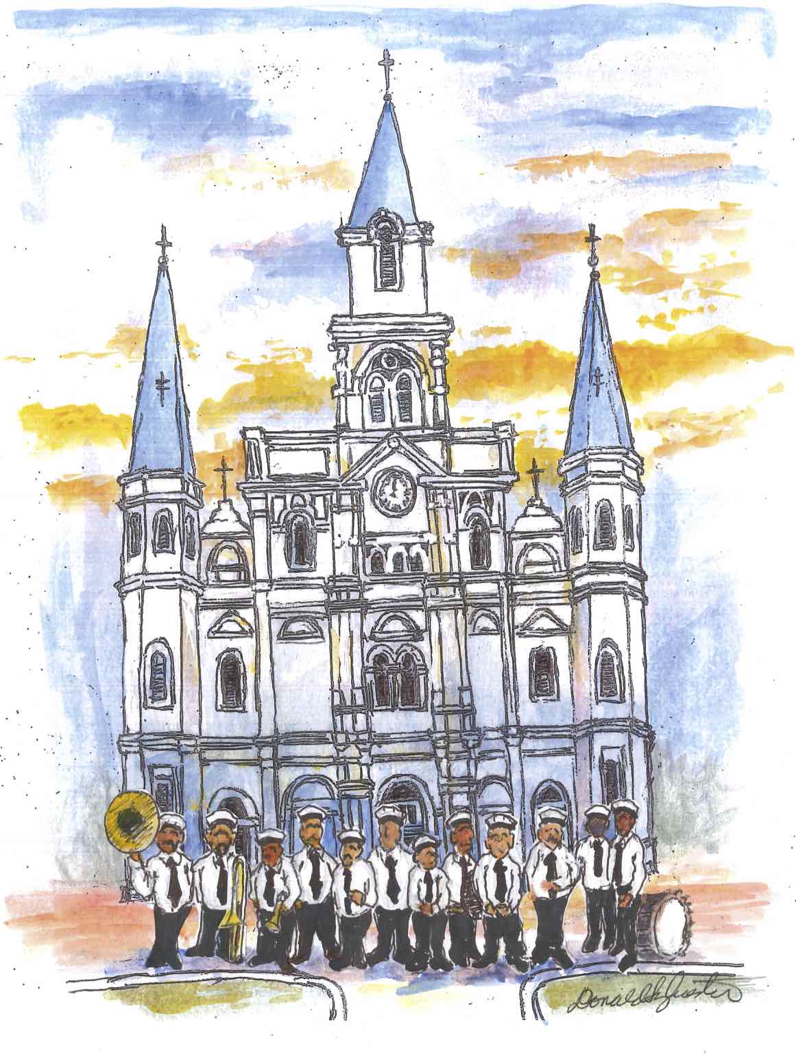 St. Louis Cathedral built in New Orleans with a standing street band in front.  Drawn in ink and watercolored with blue and yellow.
