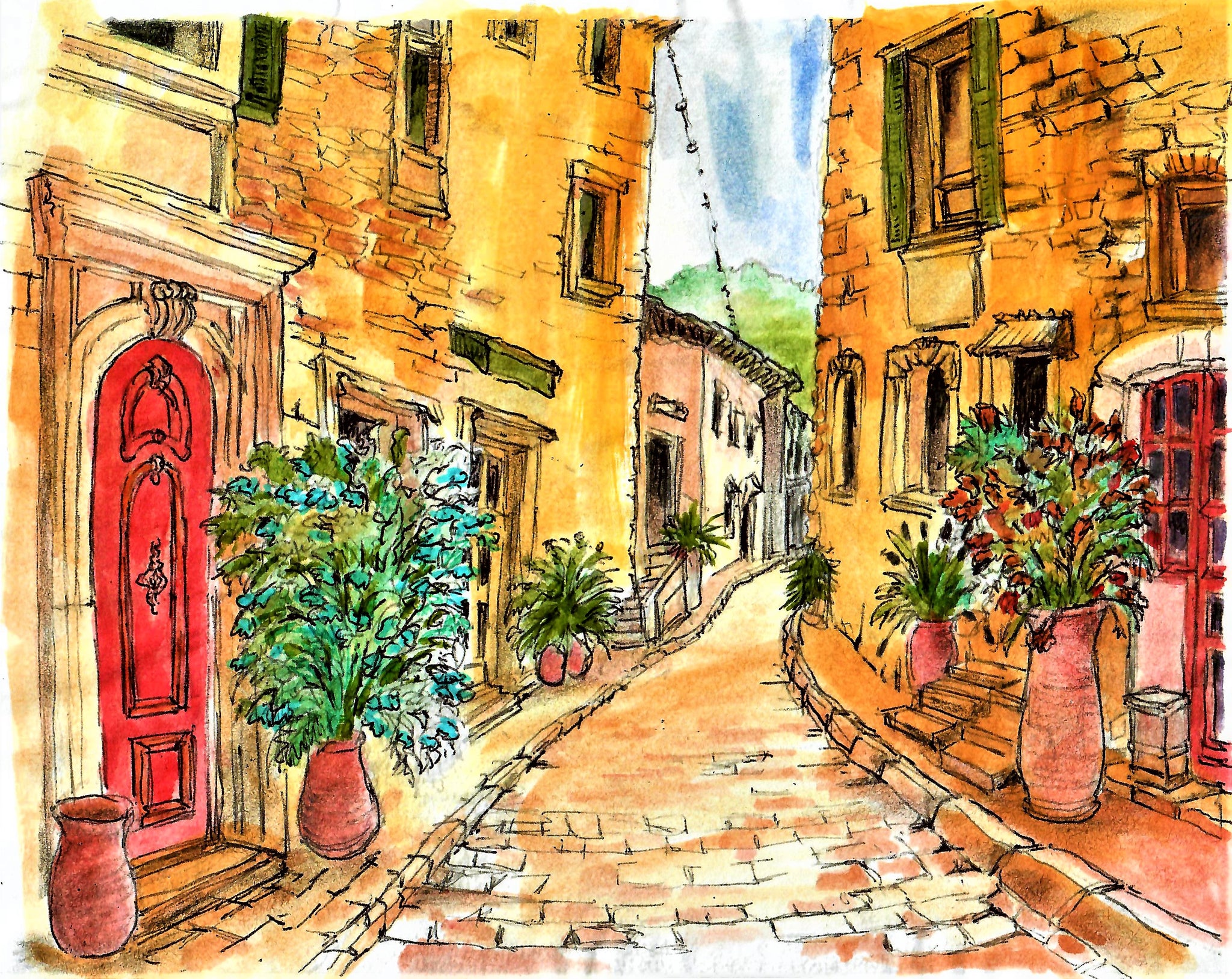 CITIES - ITALIAN VILLAGE WITH PAVED STONE ALLEY, BEAUTIFUL DOORS AND FLOWER POTS
