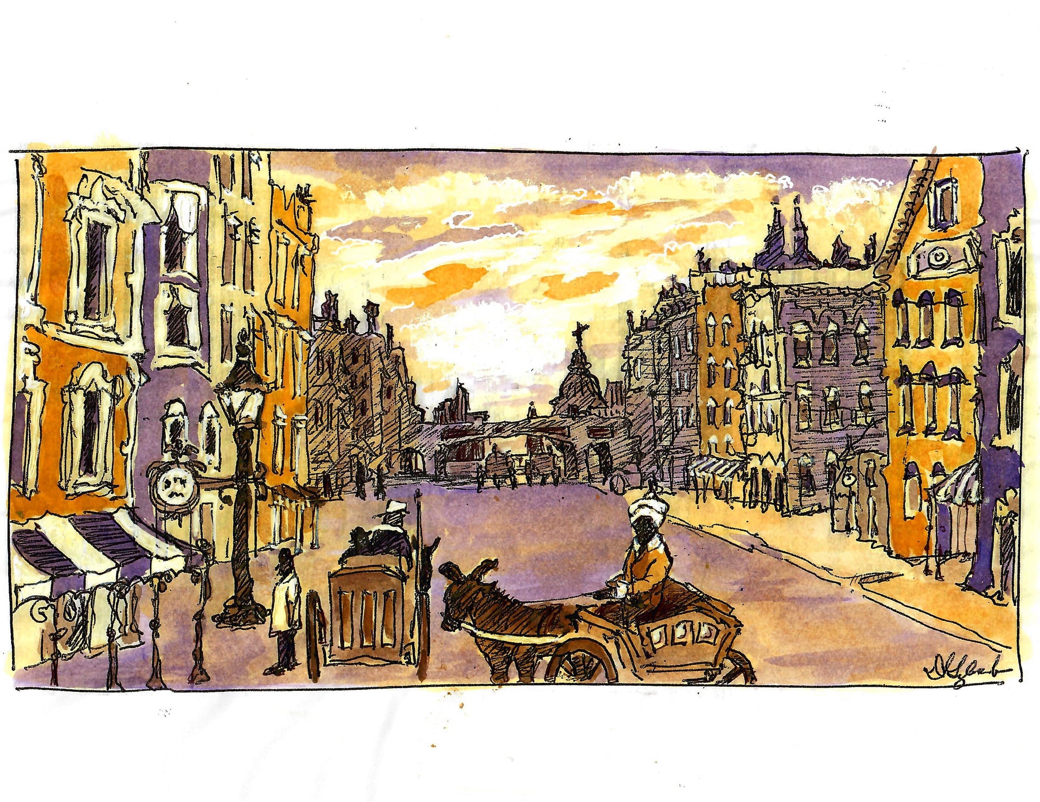 Old street scene (horses and carts) drawn in pen and ink and watercolored in two colors (yellow and purple) highlighted with whiteout.