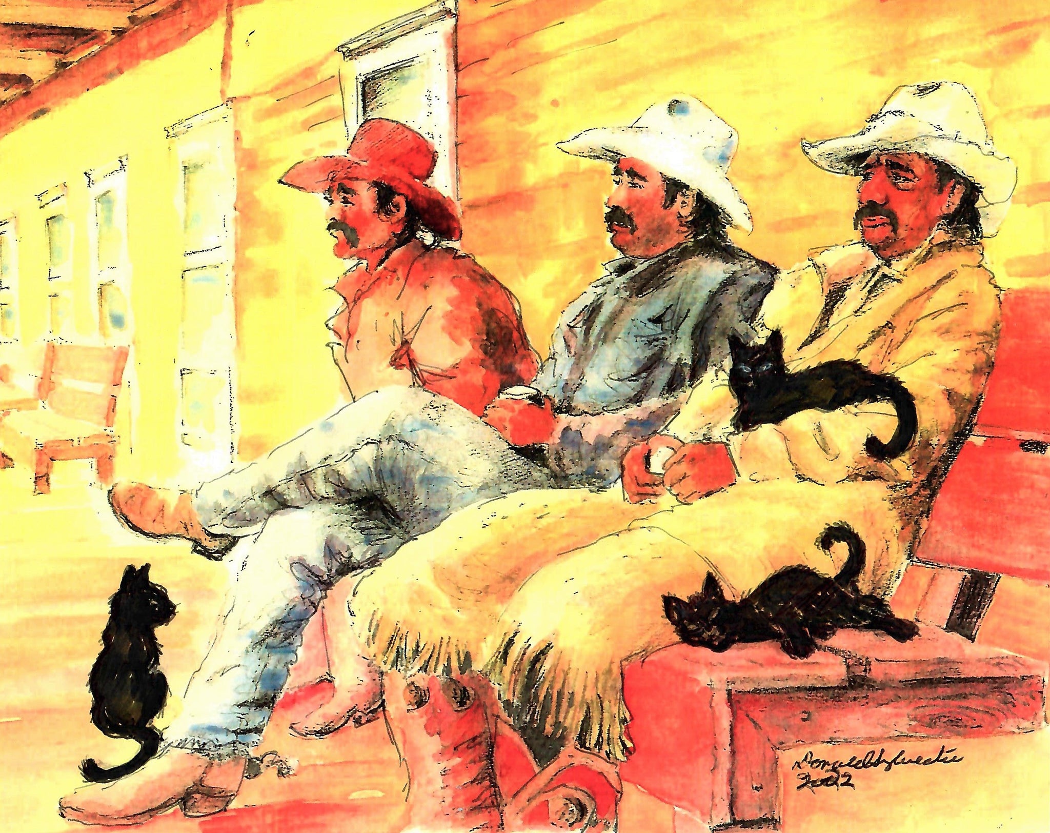 Cats And Resting Cowboys On The Front Porch Of Their Bunkhouse