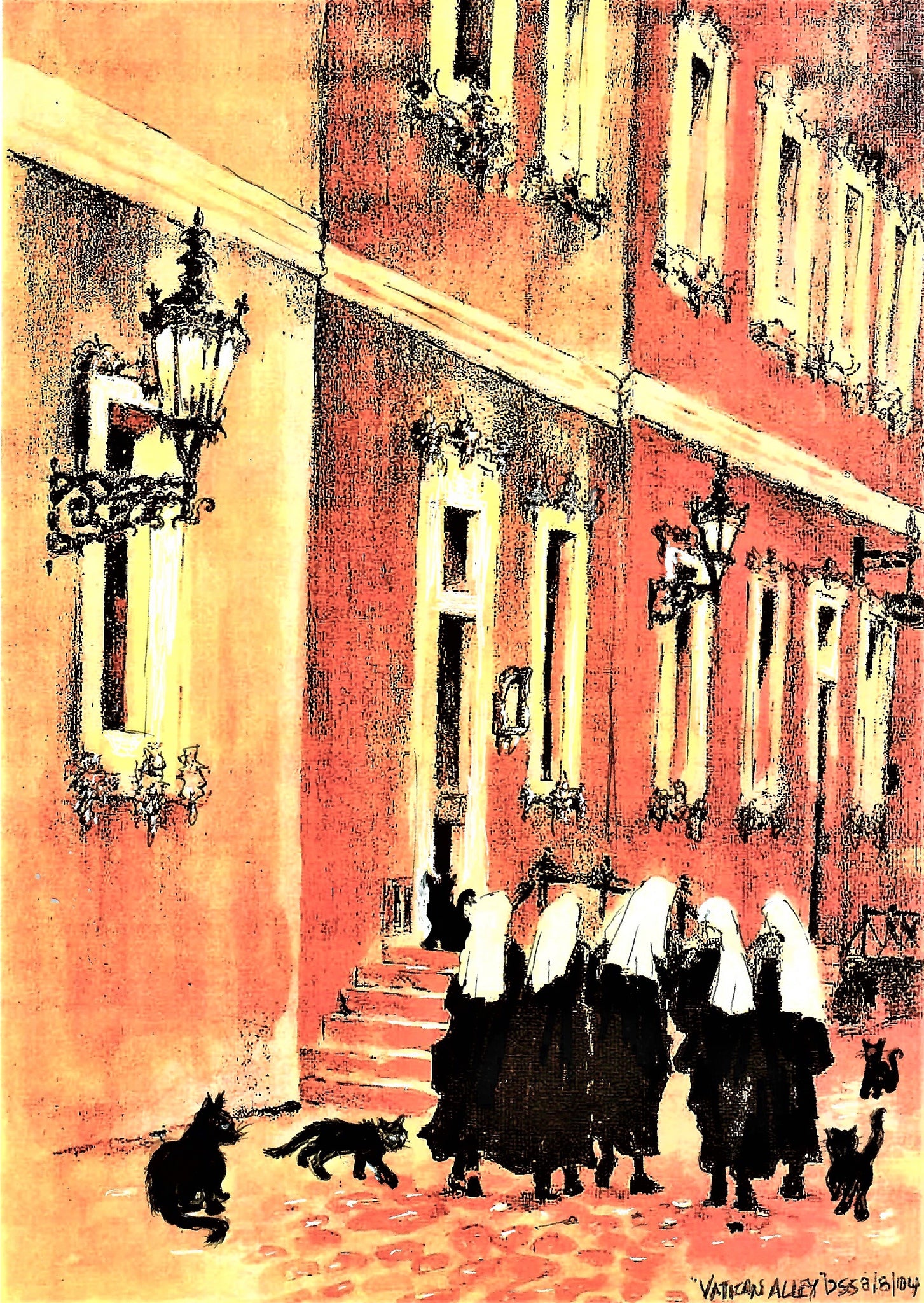 Cats Following Their Nuns Walking In The Alley Behind The Vatican