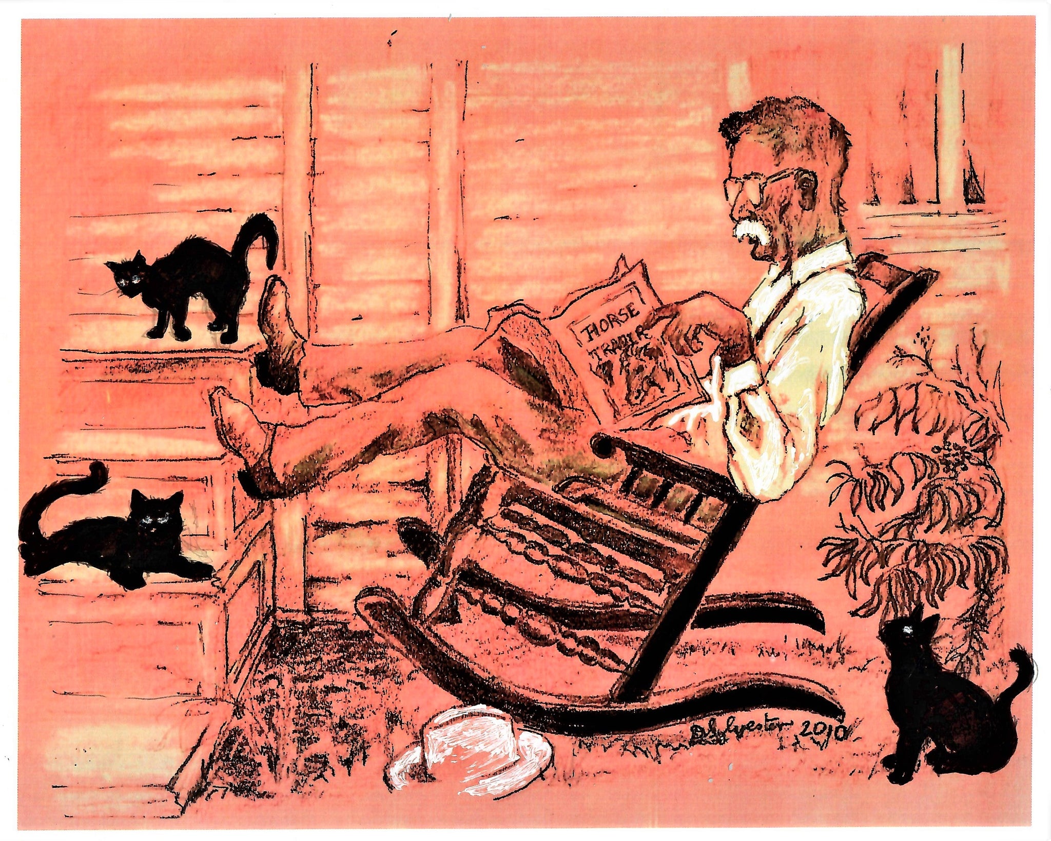 Cats And An Old Cowboy Reading At Home In A Rocking Chair