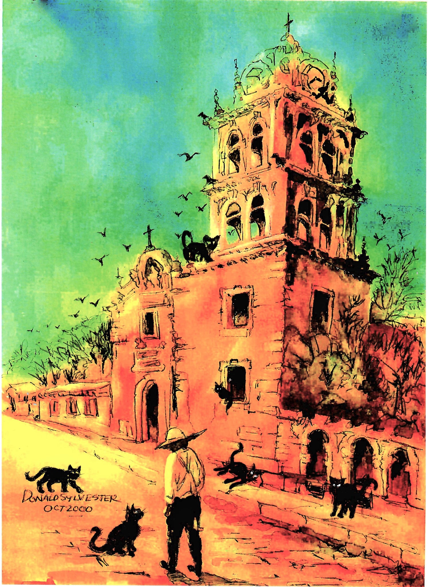 Cats Around A Mexican Cathedral And Walking Man In The Street