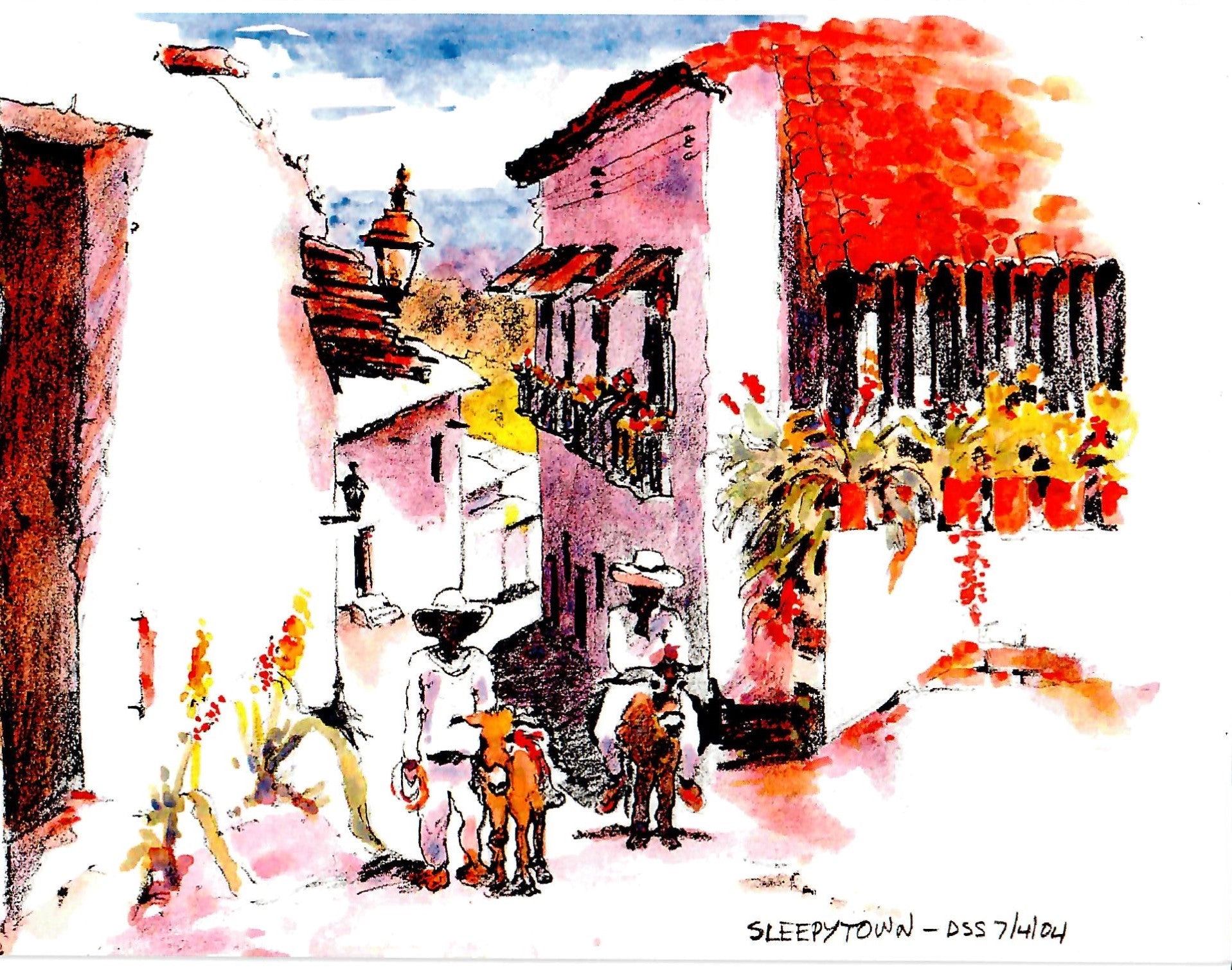 Two workers taking their donkeys down the street of a small sleepy Mexican town in the mountains.  Watercolor and ink.
