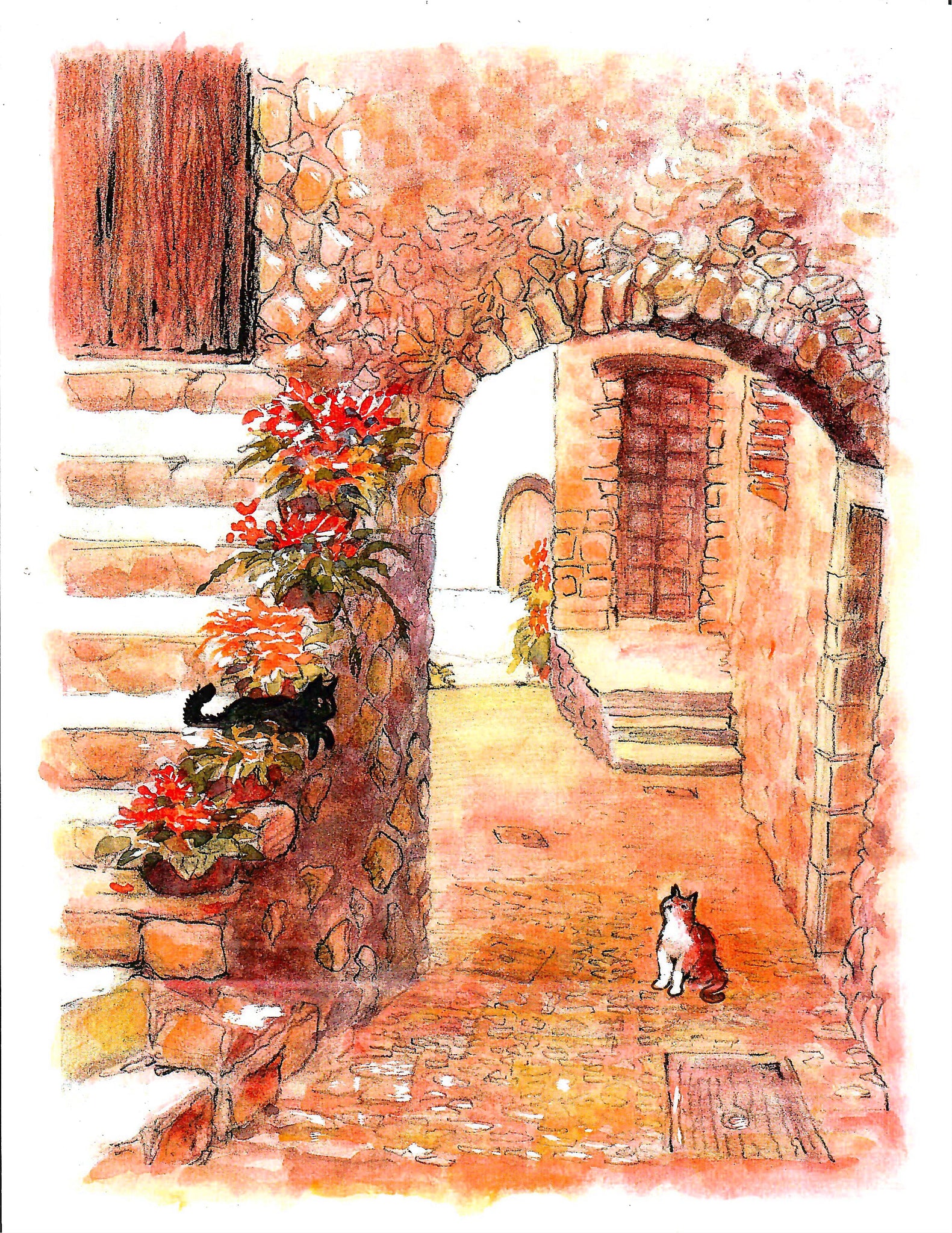Cats Relaxing Under Stone Archway Near Flower Pots In Their Paved Alley