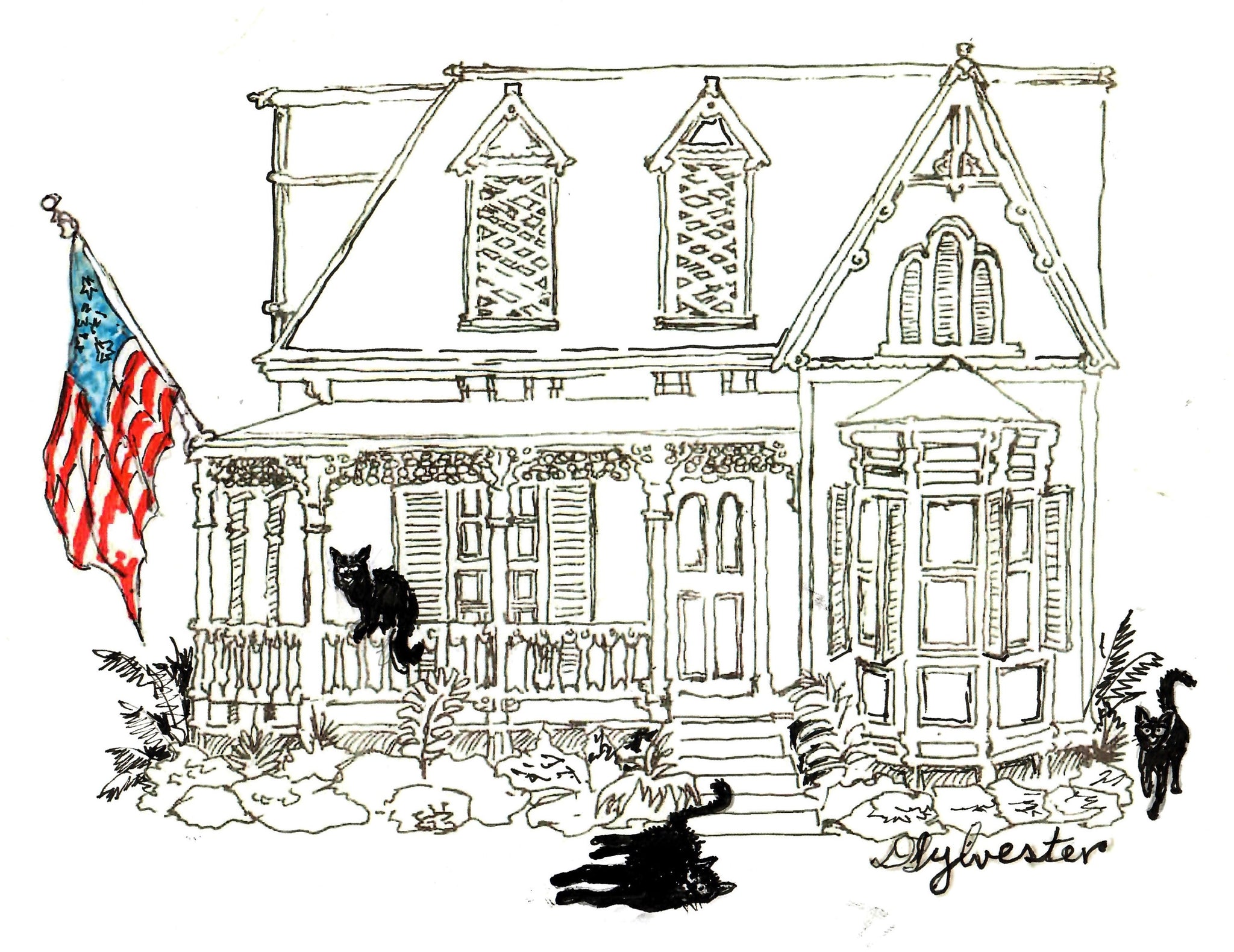 Cats At Home Around A Victorian House And The American Flag