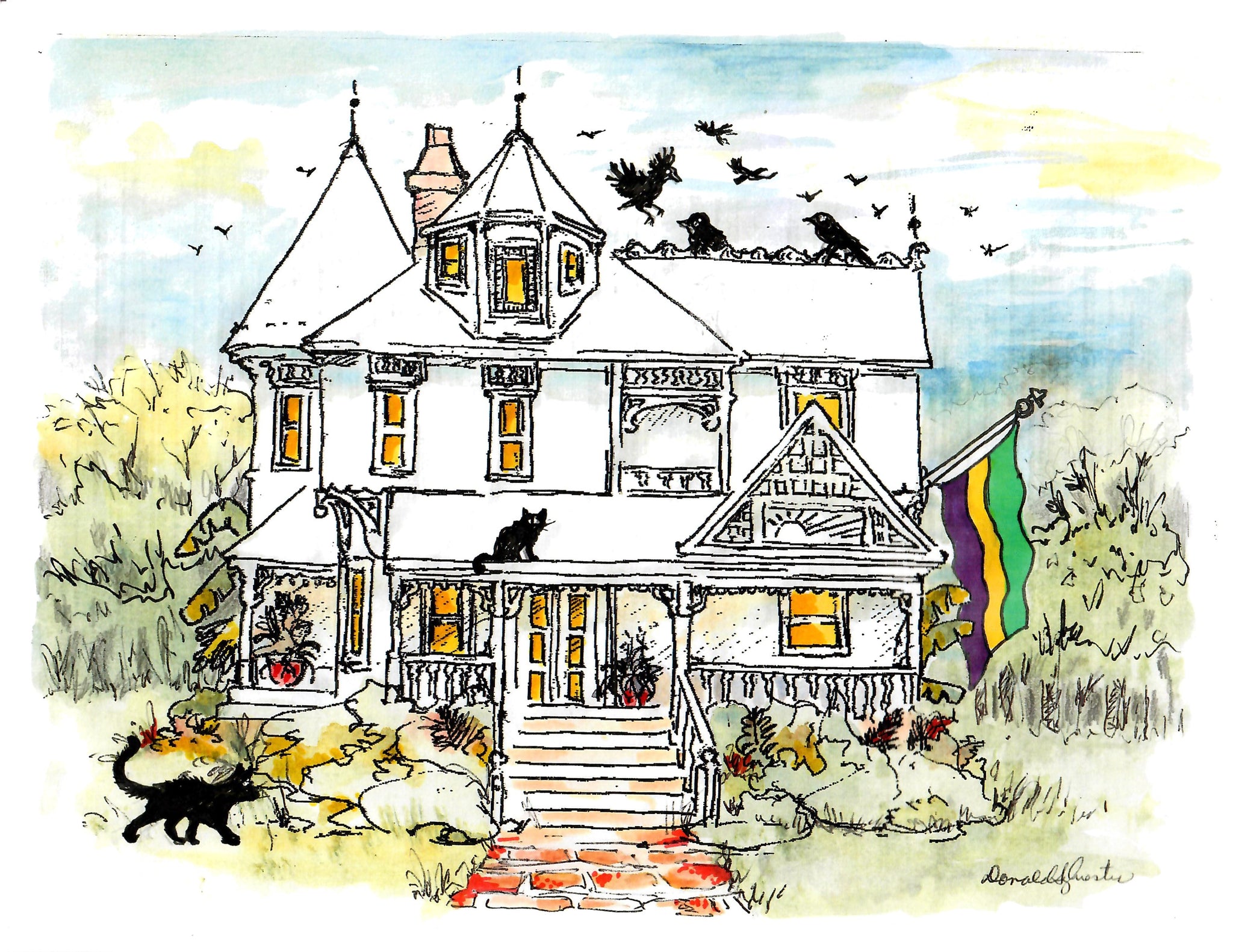 Cats And Birds Over A New Orleans White Uptown With Mardi Gras Flag
