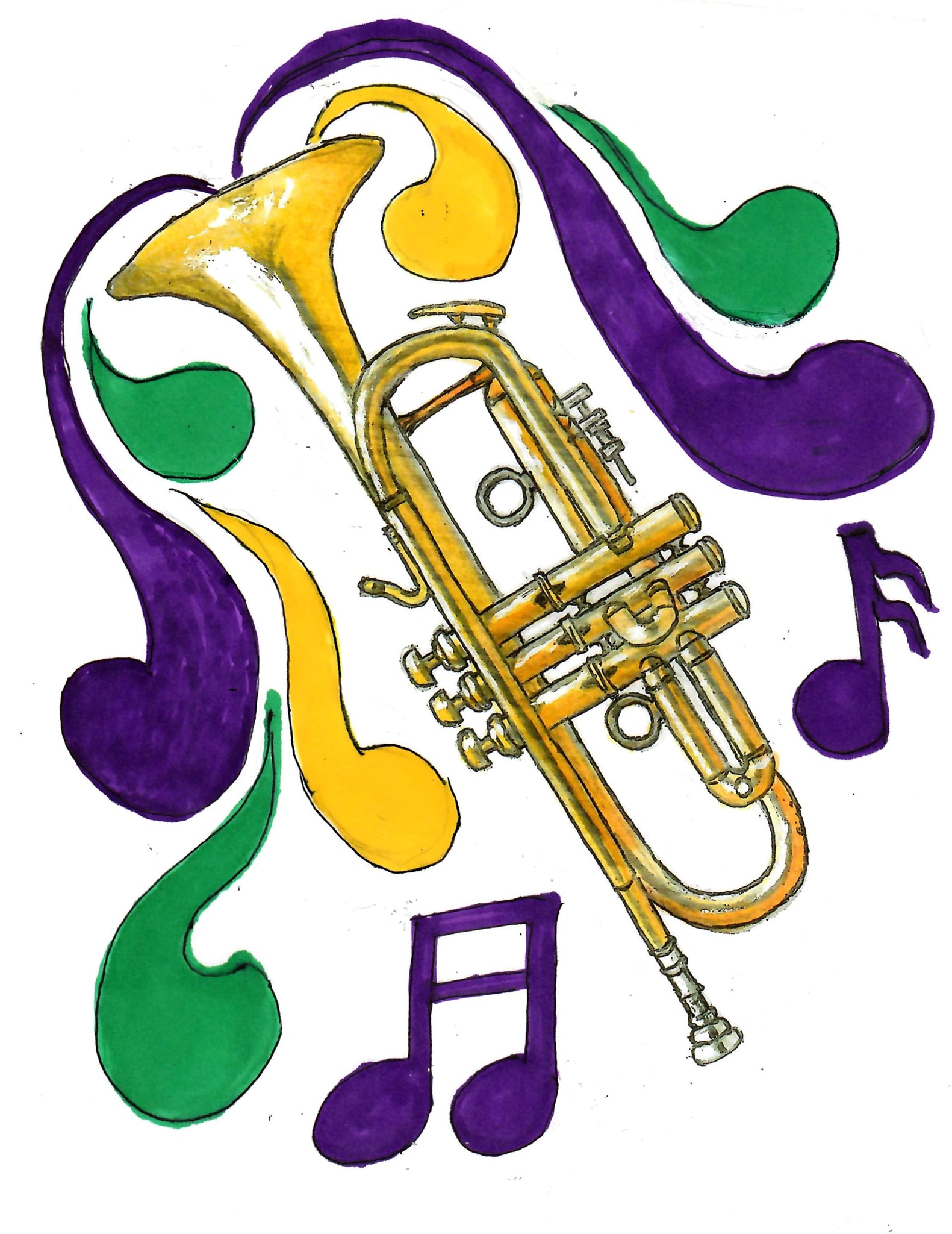 MUSICIANS - TRUMPET PLAYING MARDI GRAS NOTES (PURPLE, GREEN AND YELLOW)