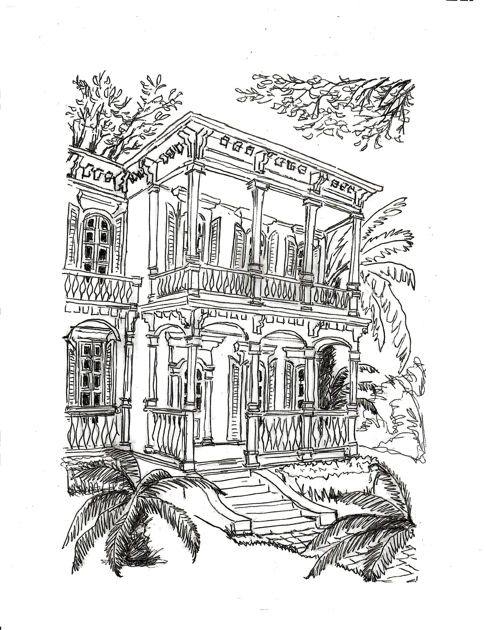 PEN & INK - NEW ORLEANS UPTOWN TWO STORY MANSION