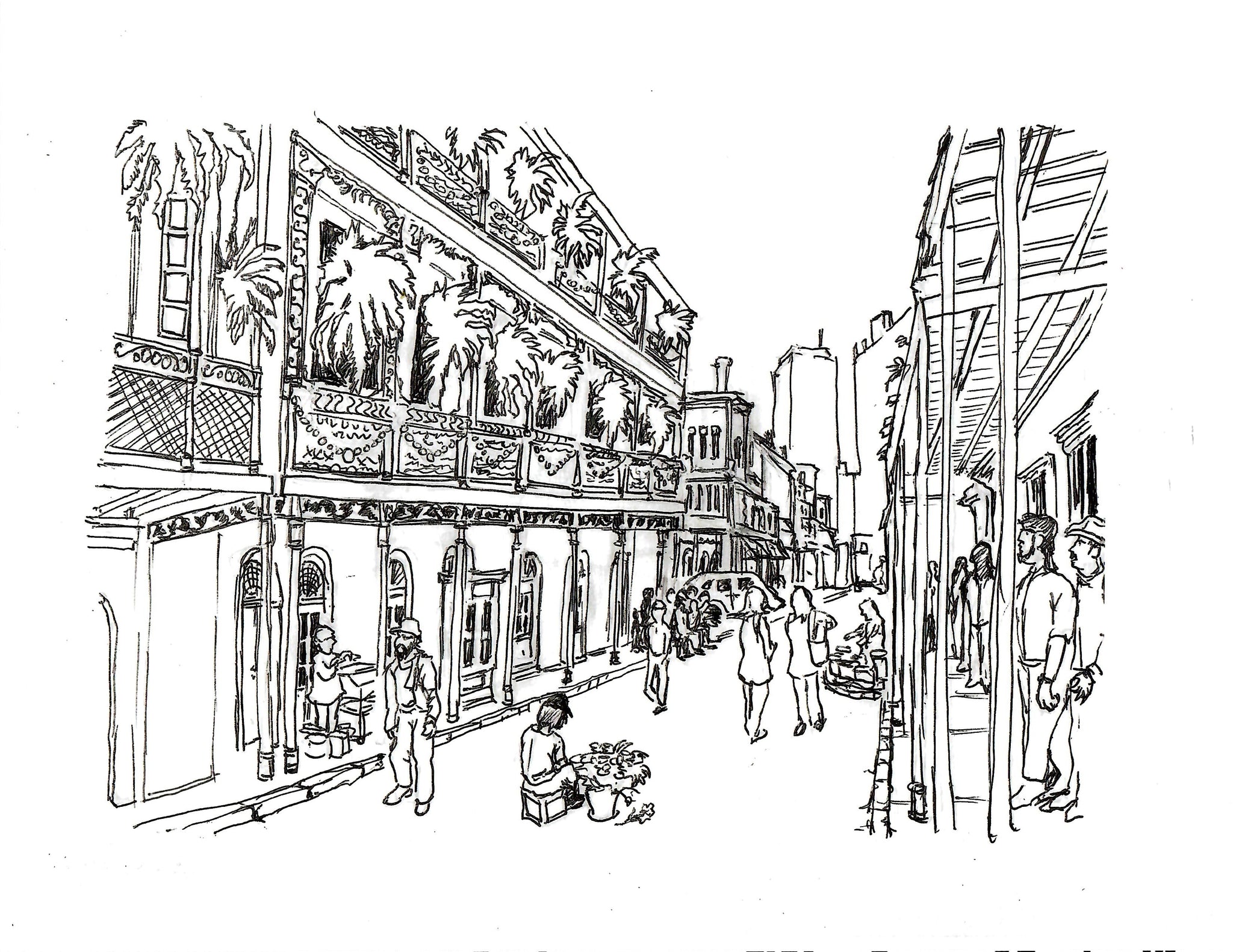PEN & INK - NEW ORLEANS FRENCH QUARTER STREET SCENE