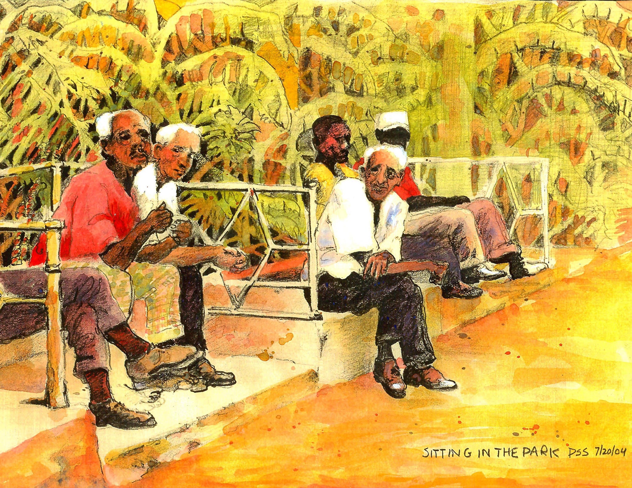 PEOPLE - OLD MEN SITTING AND TALKING IN THEIR NEIGHBORHOOD PARK